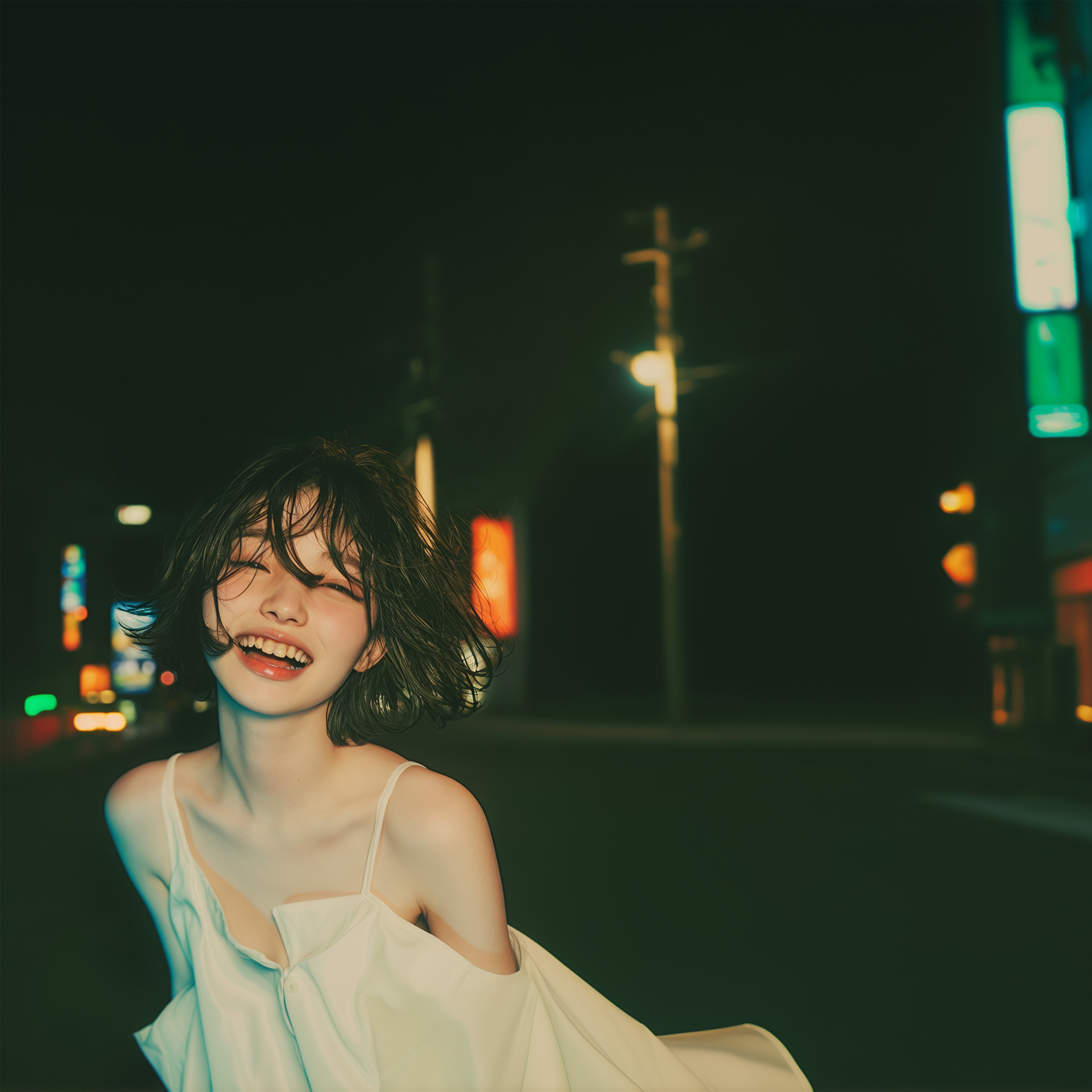 夜の街で踊るように舞う楽しそうな女性のポートレート写真風素材 no.3