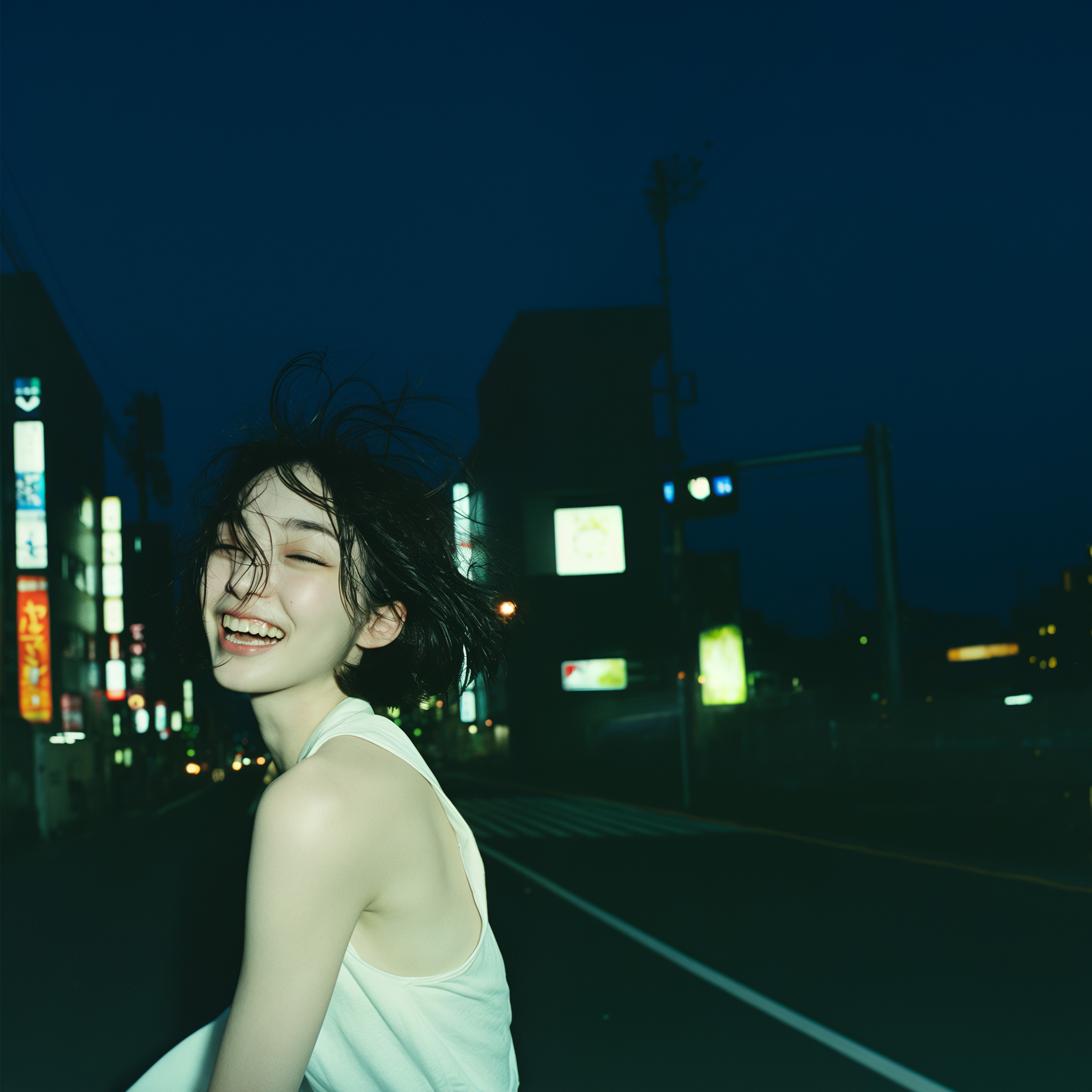 夜の街で踊るように舞う楽しそうな女性のポートレート写真風素材 no.8