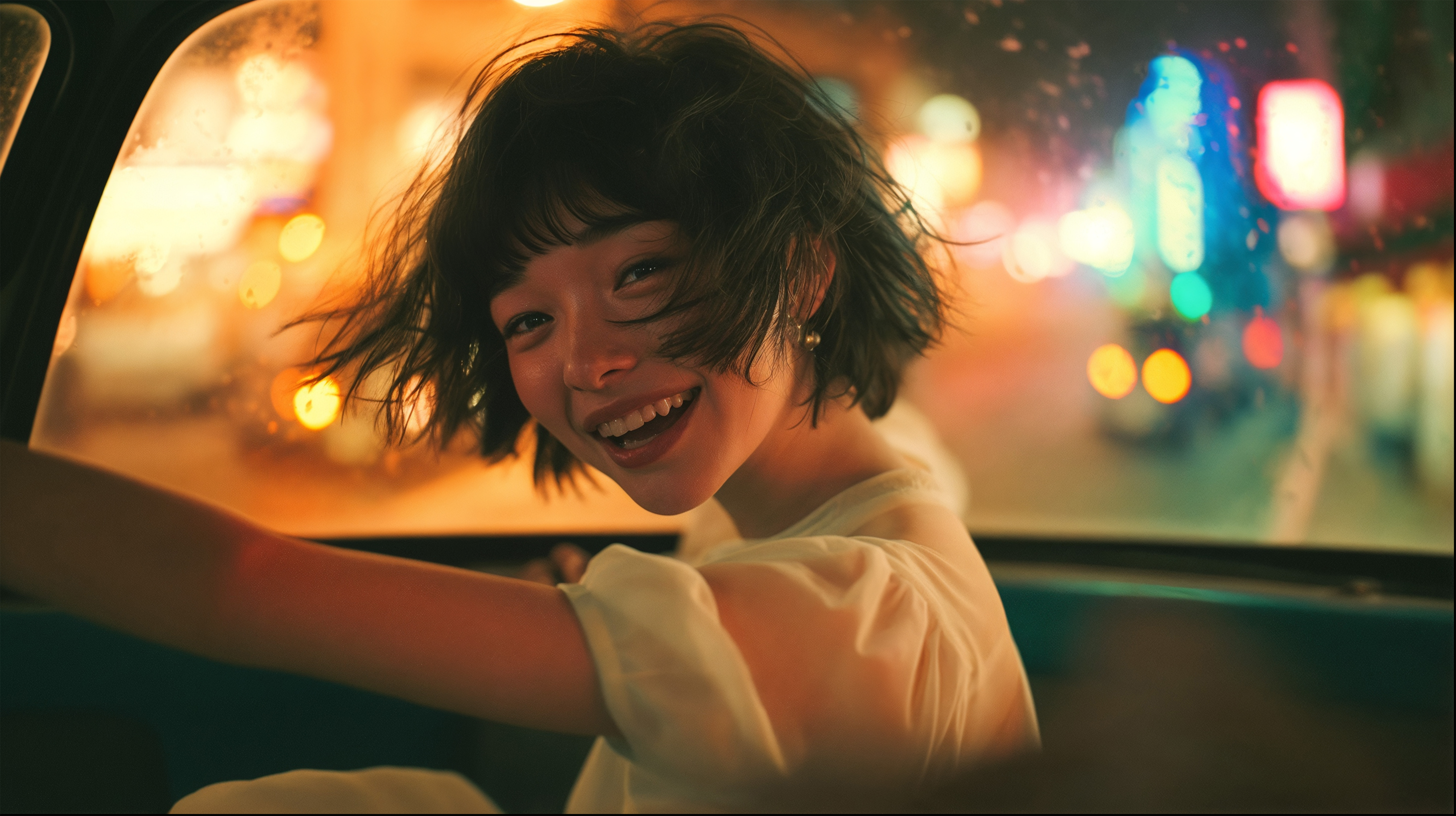 車に乗って笑顔ではしゃぐ若い女性の写真風素材 no.1