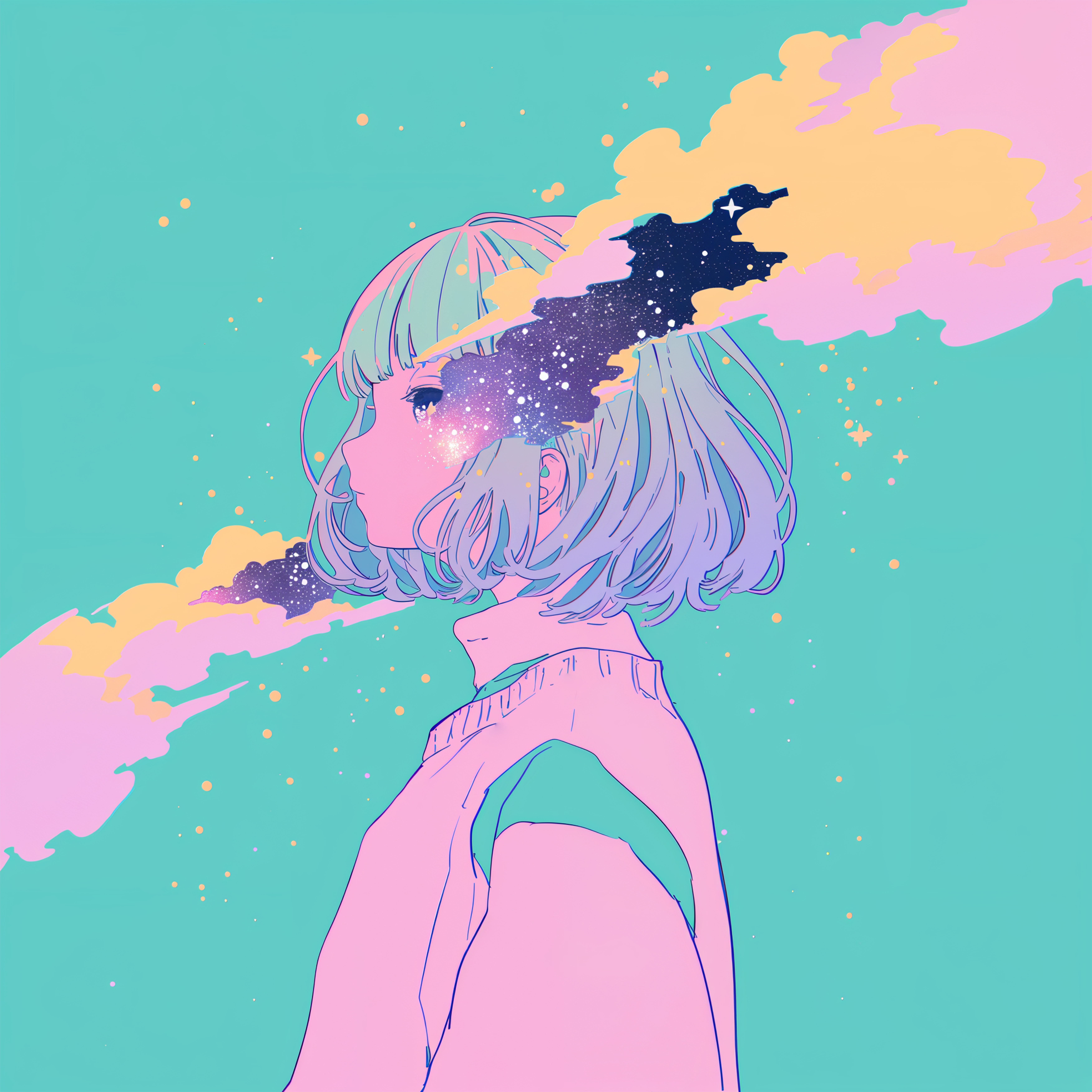宇宙と雲に包まれたアニメチックな女の子のアートポートレートイラスト no.2