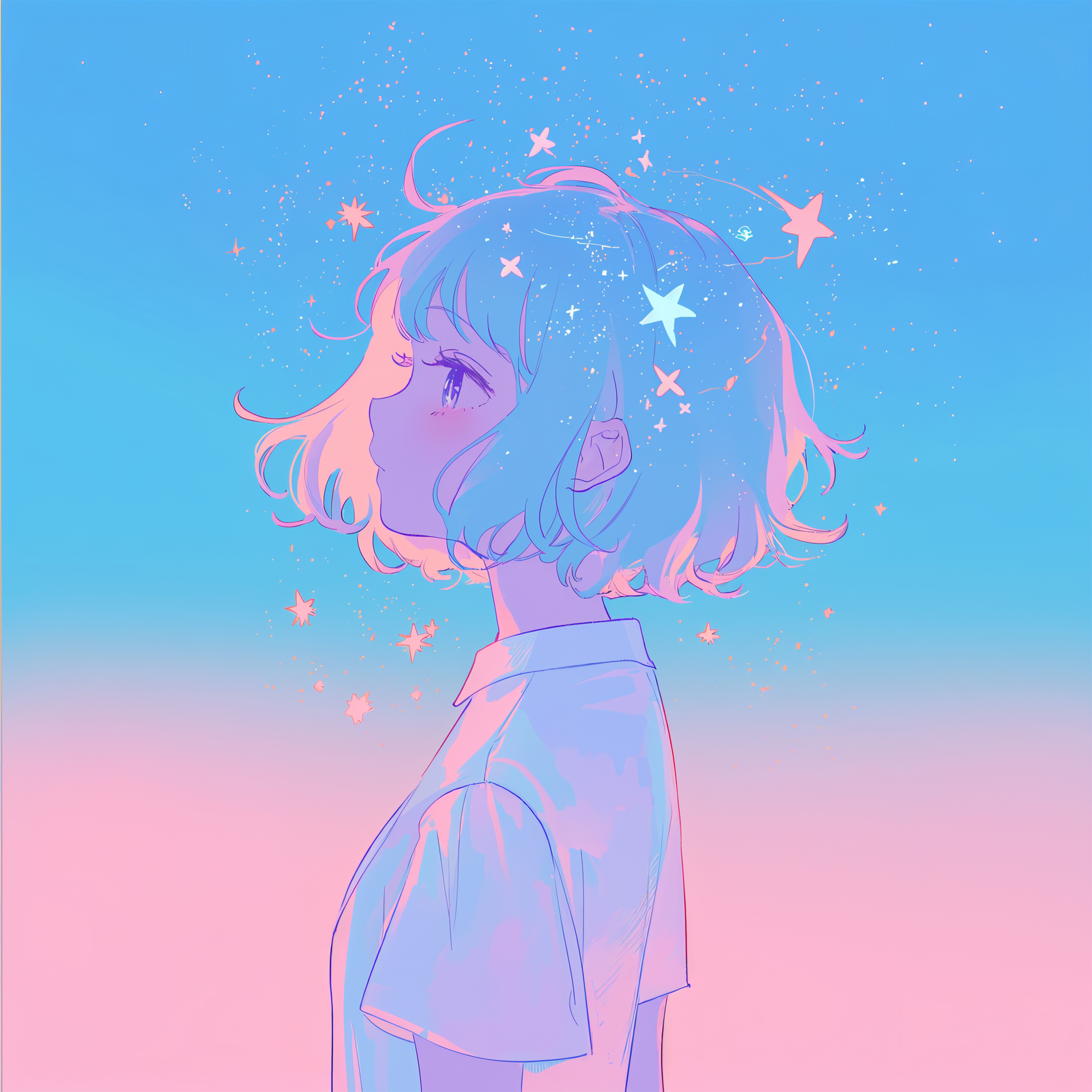 宇宙と雲に包まれたアニメチックな女の子のアートポートレートイラスト no.8