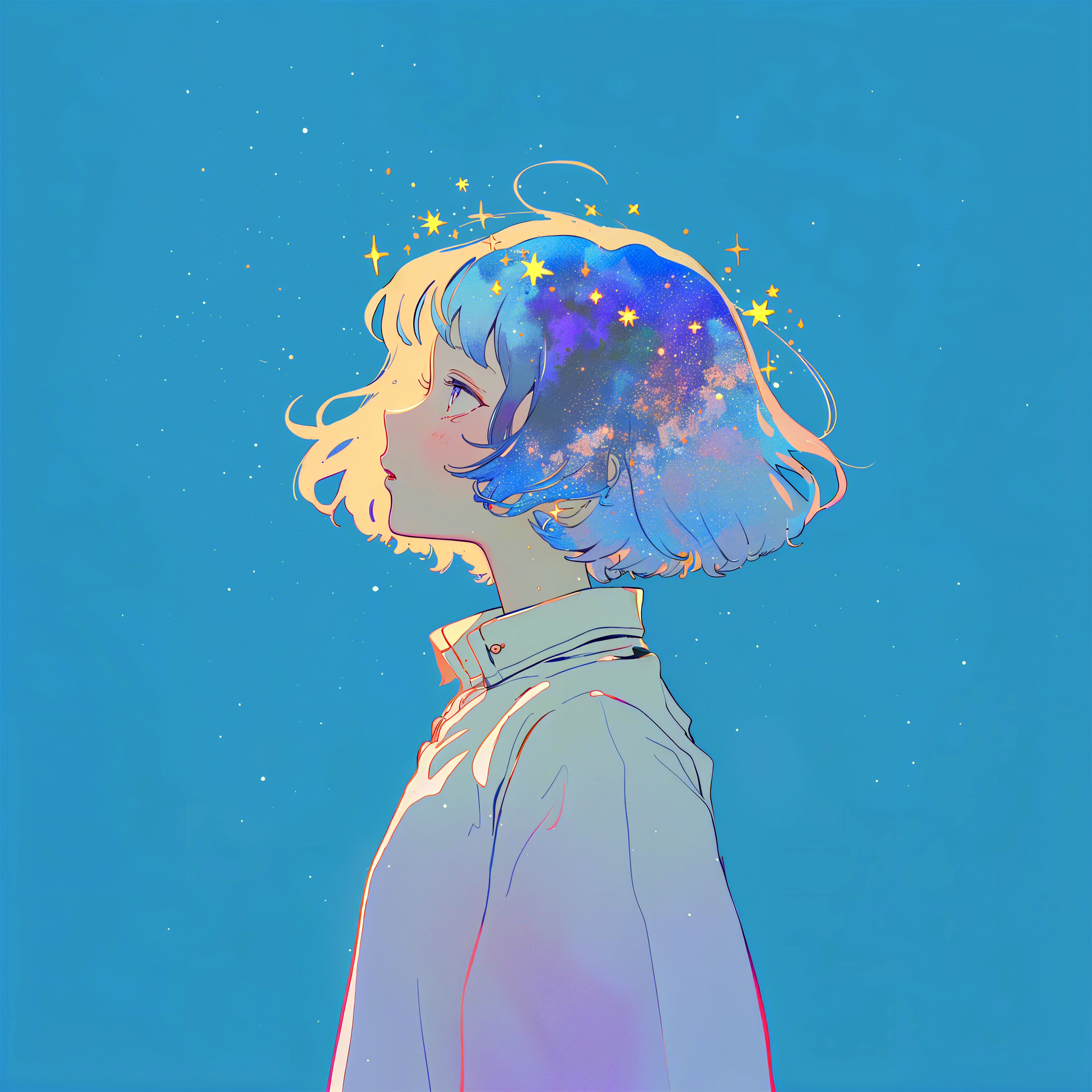 宇宙チックレトロな女の子の横顔ポートレートイラスト no,6