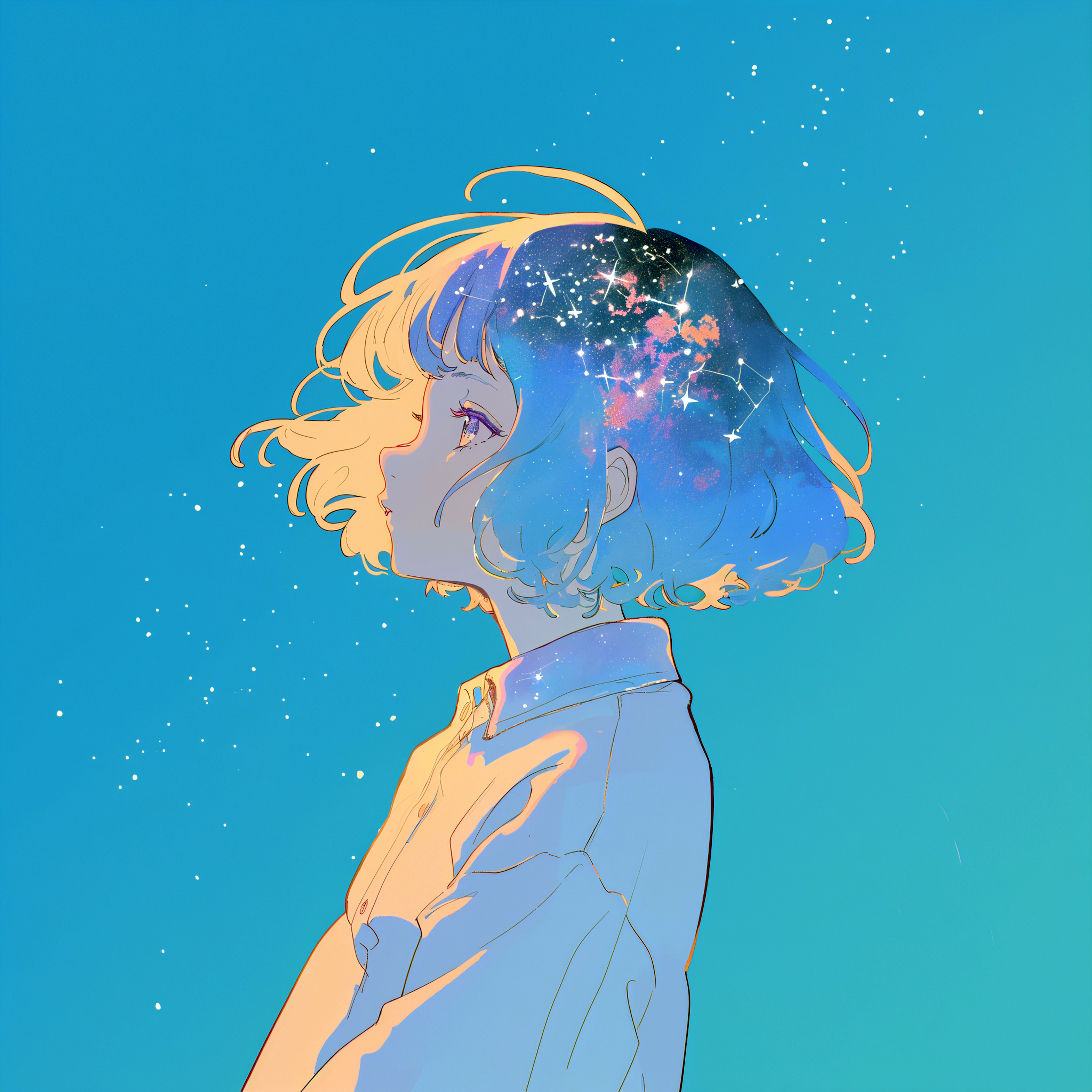 宇宙チックレトロな女の子の横顔ポートレートイラスト no,12