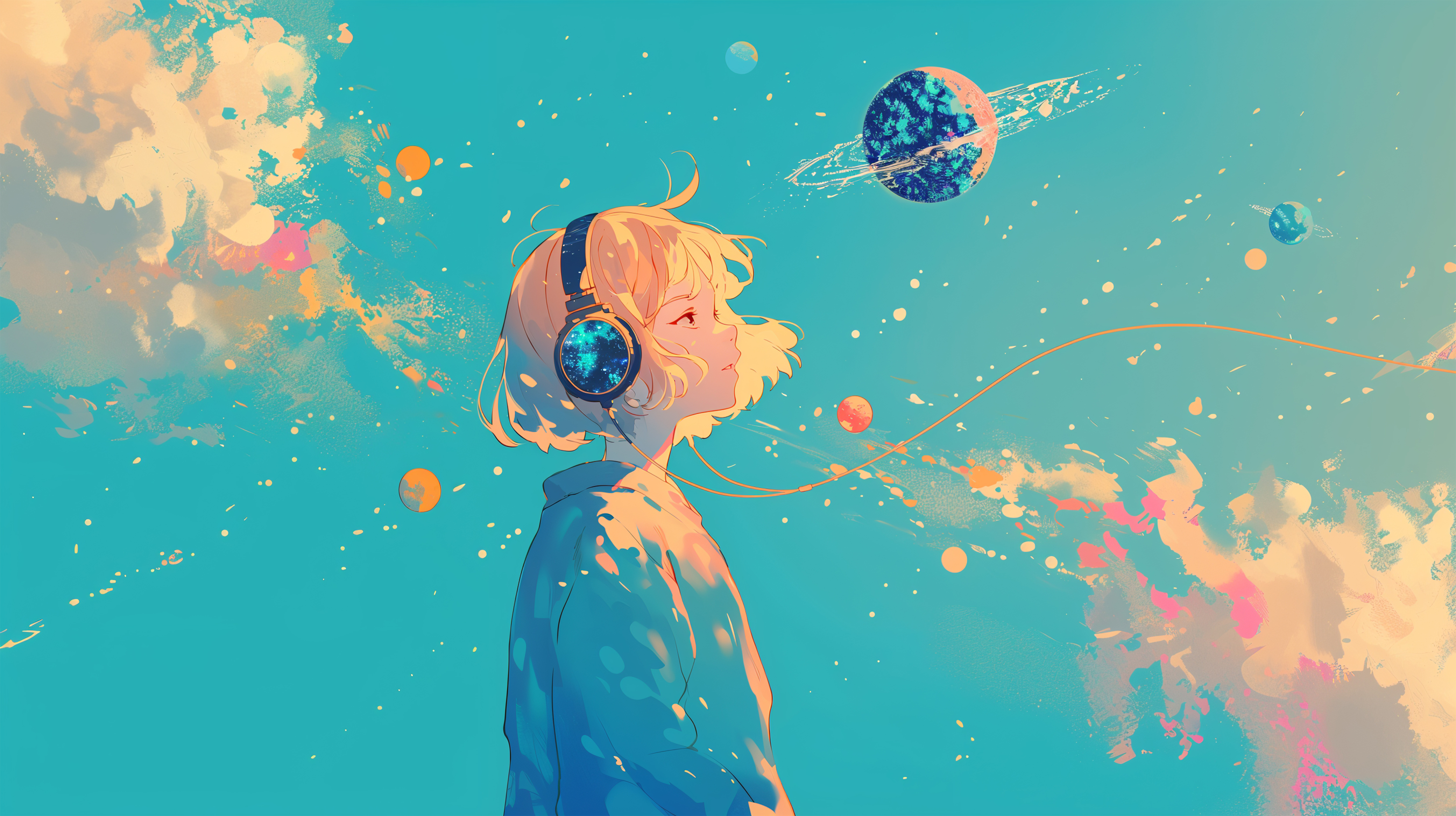 宇宙に包まれながらヘッドホンで音楽を聴いているファンタジックなポートレートイラスト no.2