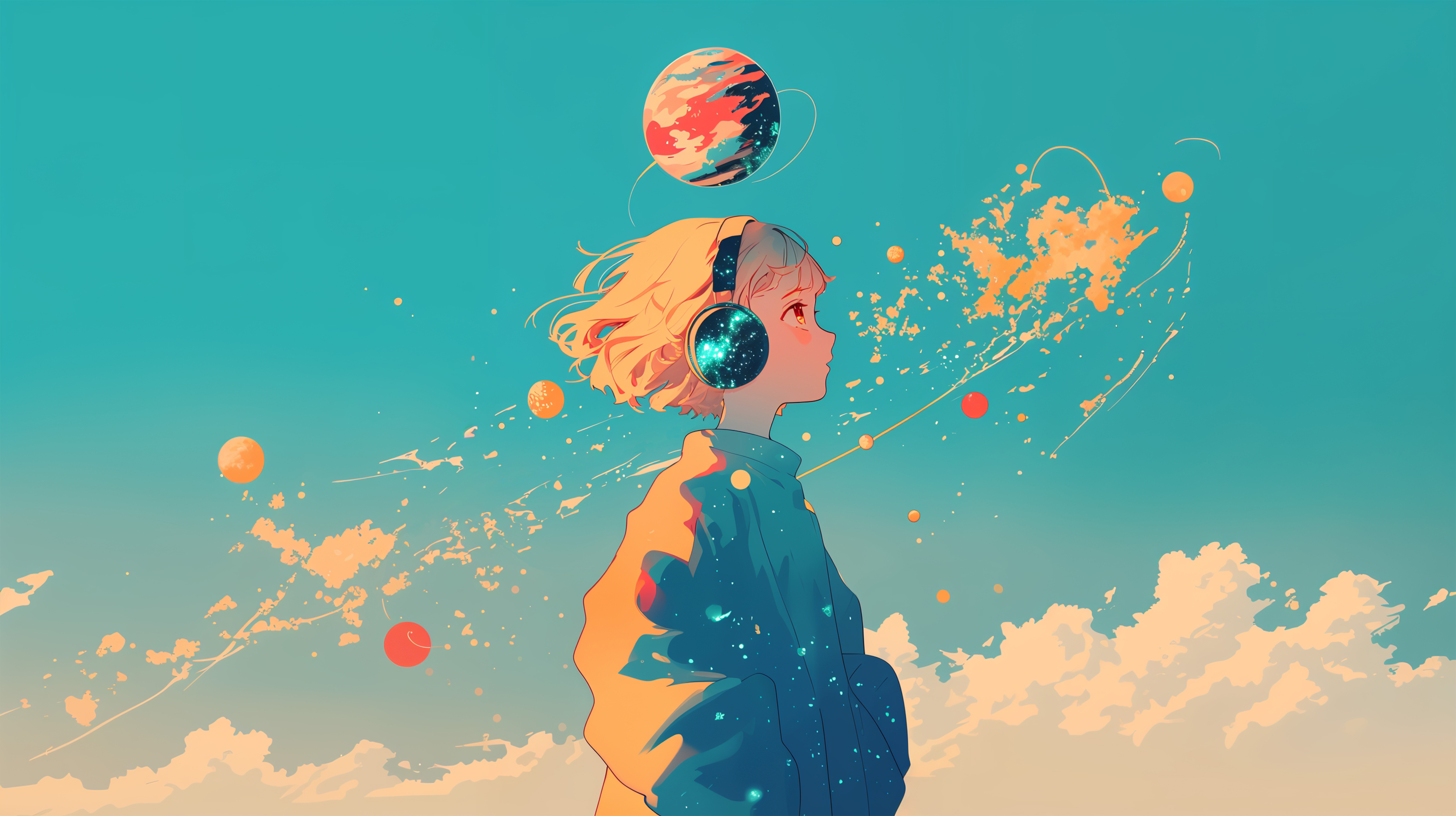 宇宙に包まれながらヘッドホンで音楽を聴いているファンタジックなポートレートイラスト no.4