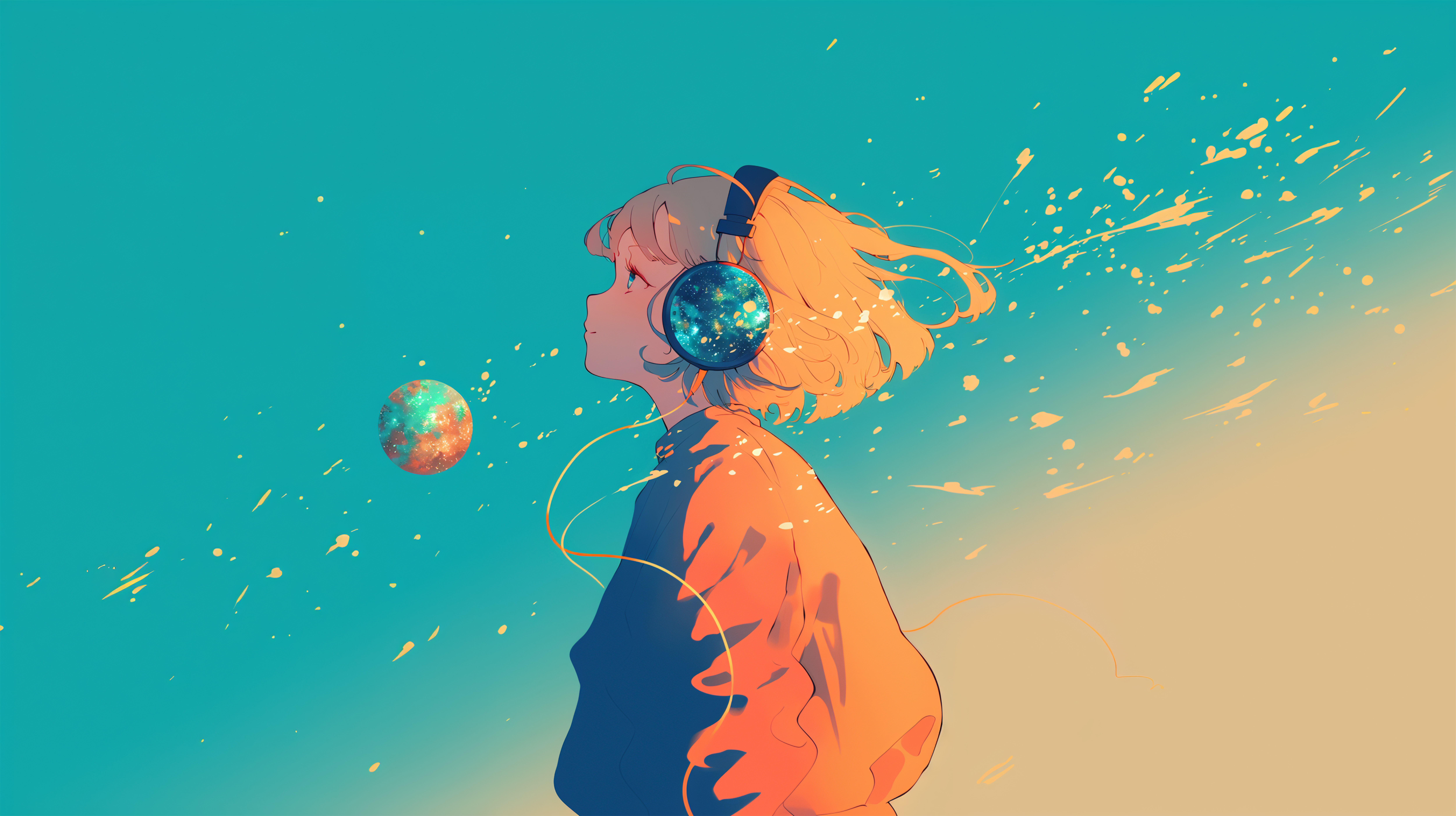宇宙に包まれながらヘッドホンで音楽を聴いているファンタジックなポートレートイラスト no.5