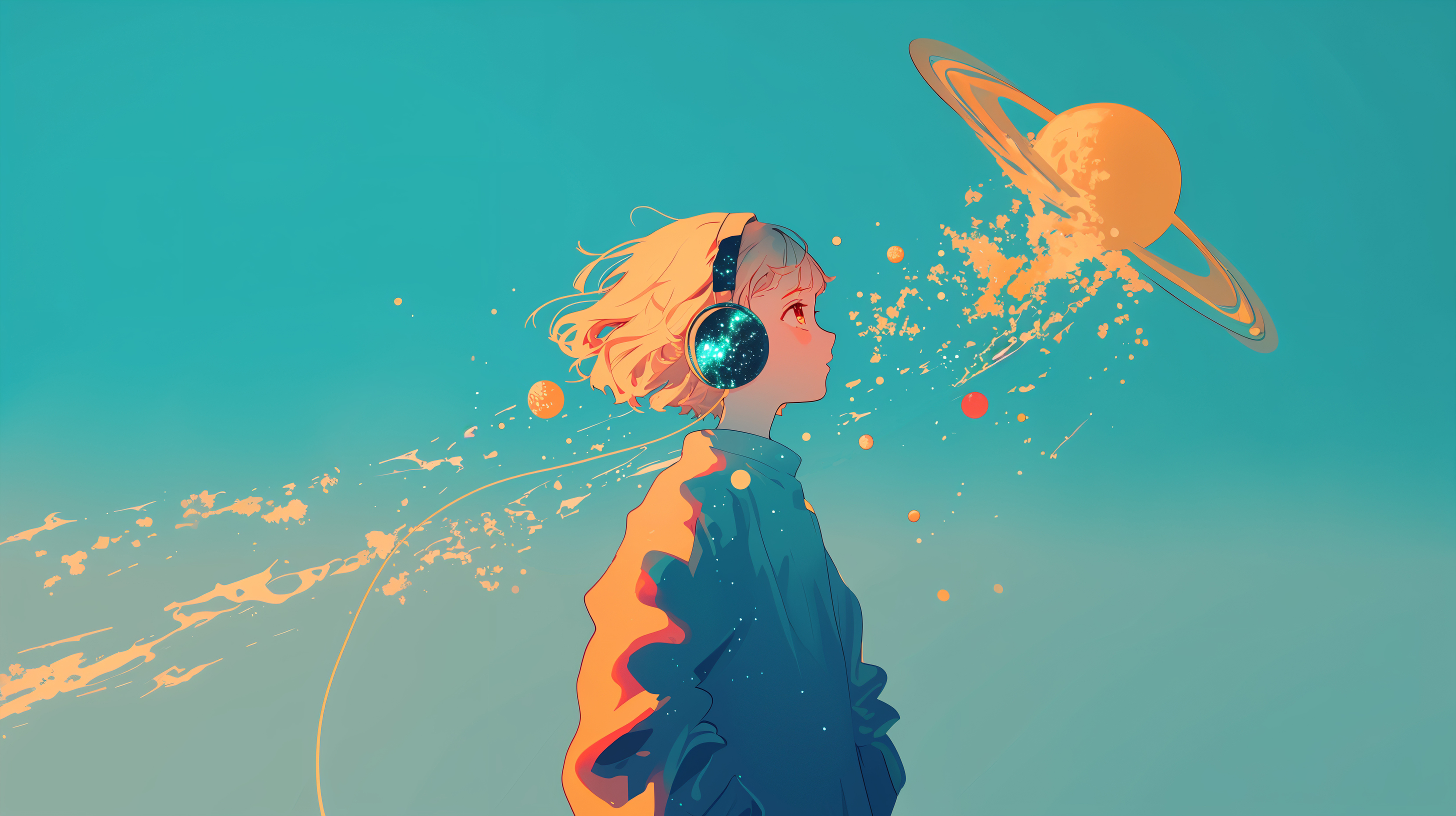 宇宙に包まれながらヘッドホンで音楽を聴いているファンタジックなポートレートイラスト no.6