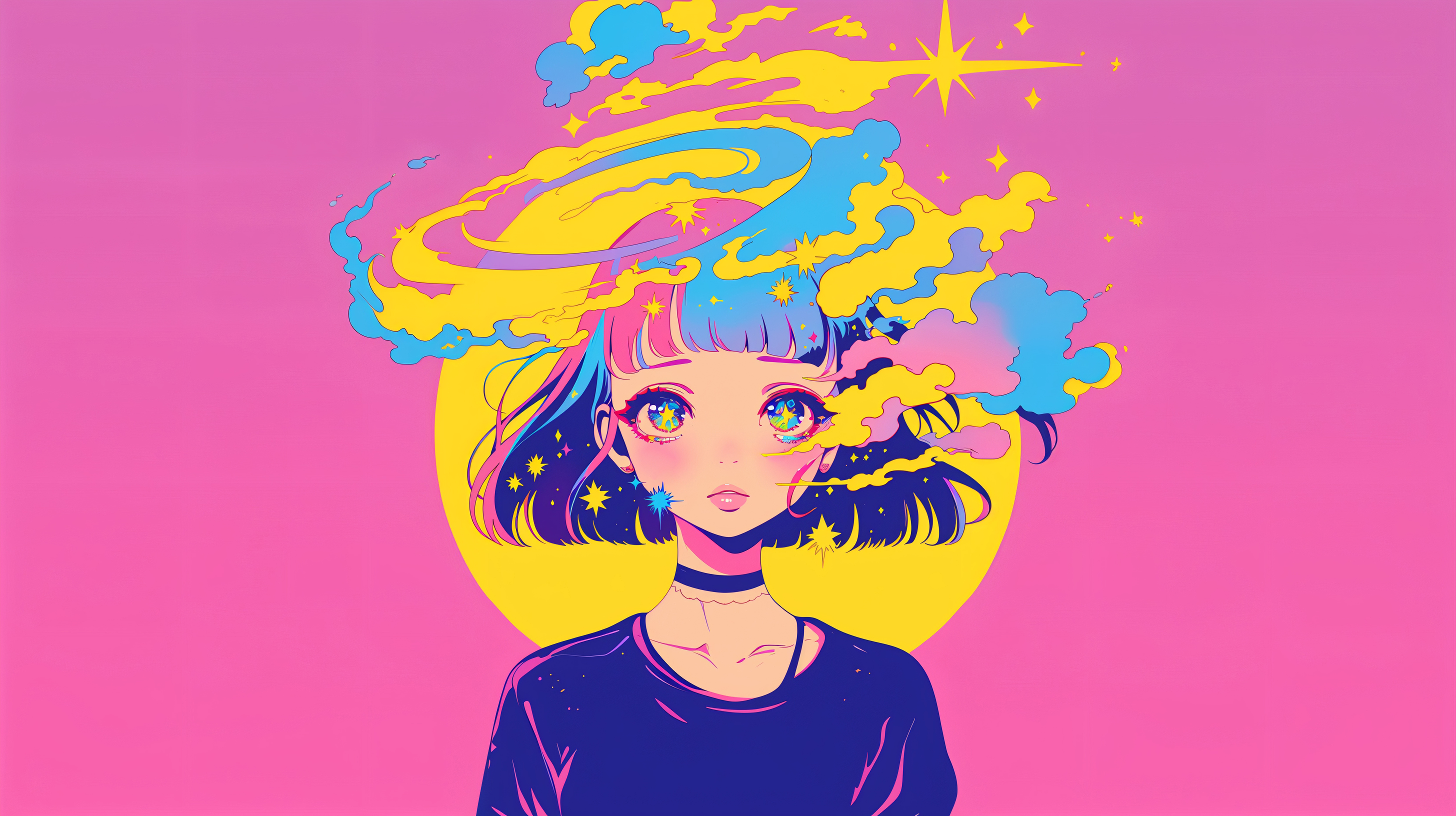 頭にカラフルな雲を纏う少女のコミック風イラスト no.1