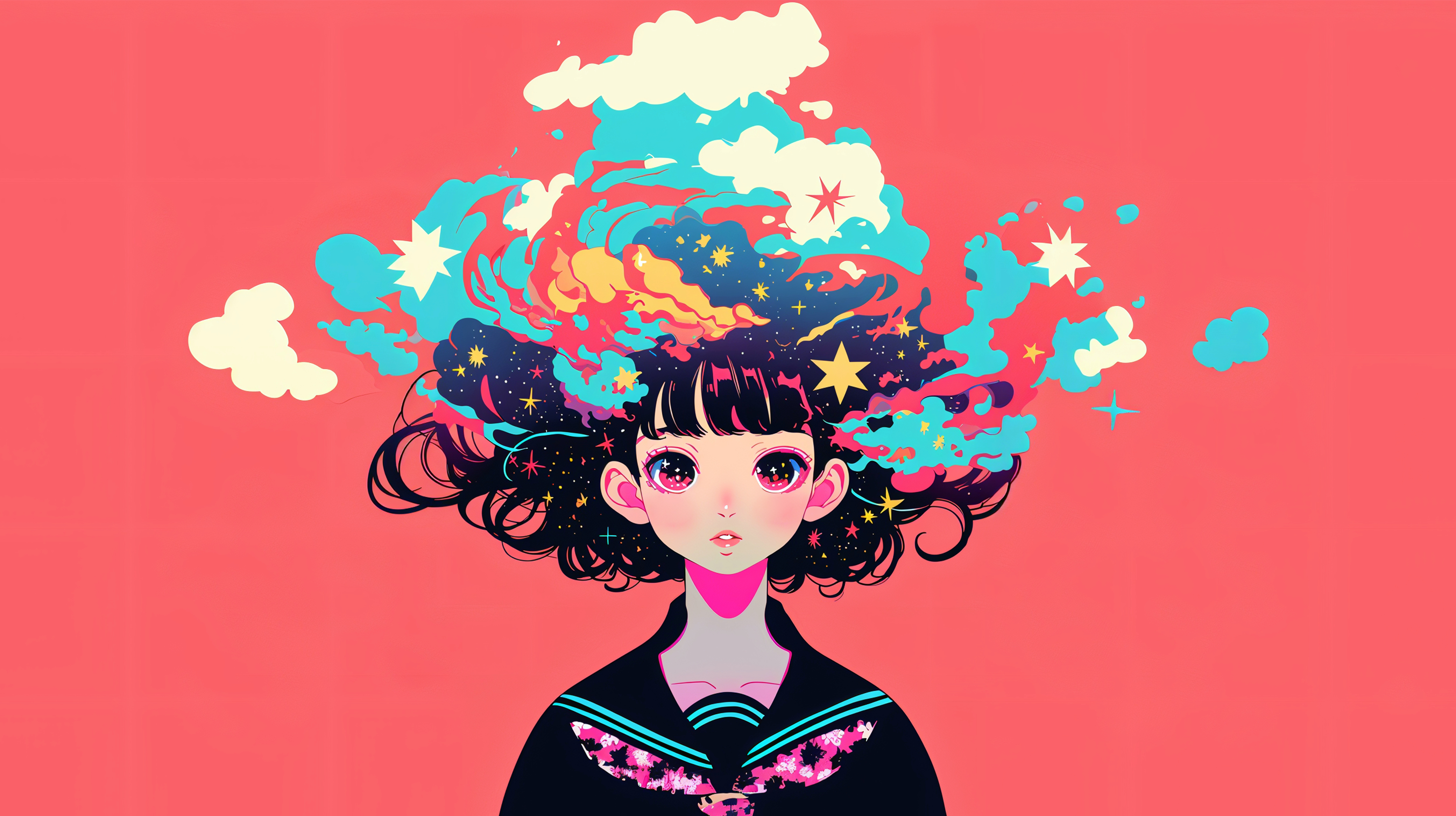 頭にカラフルな雲を纏う少女のコミック風イラスト no.2