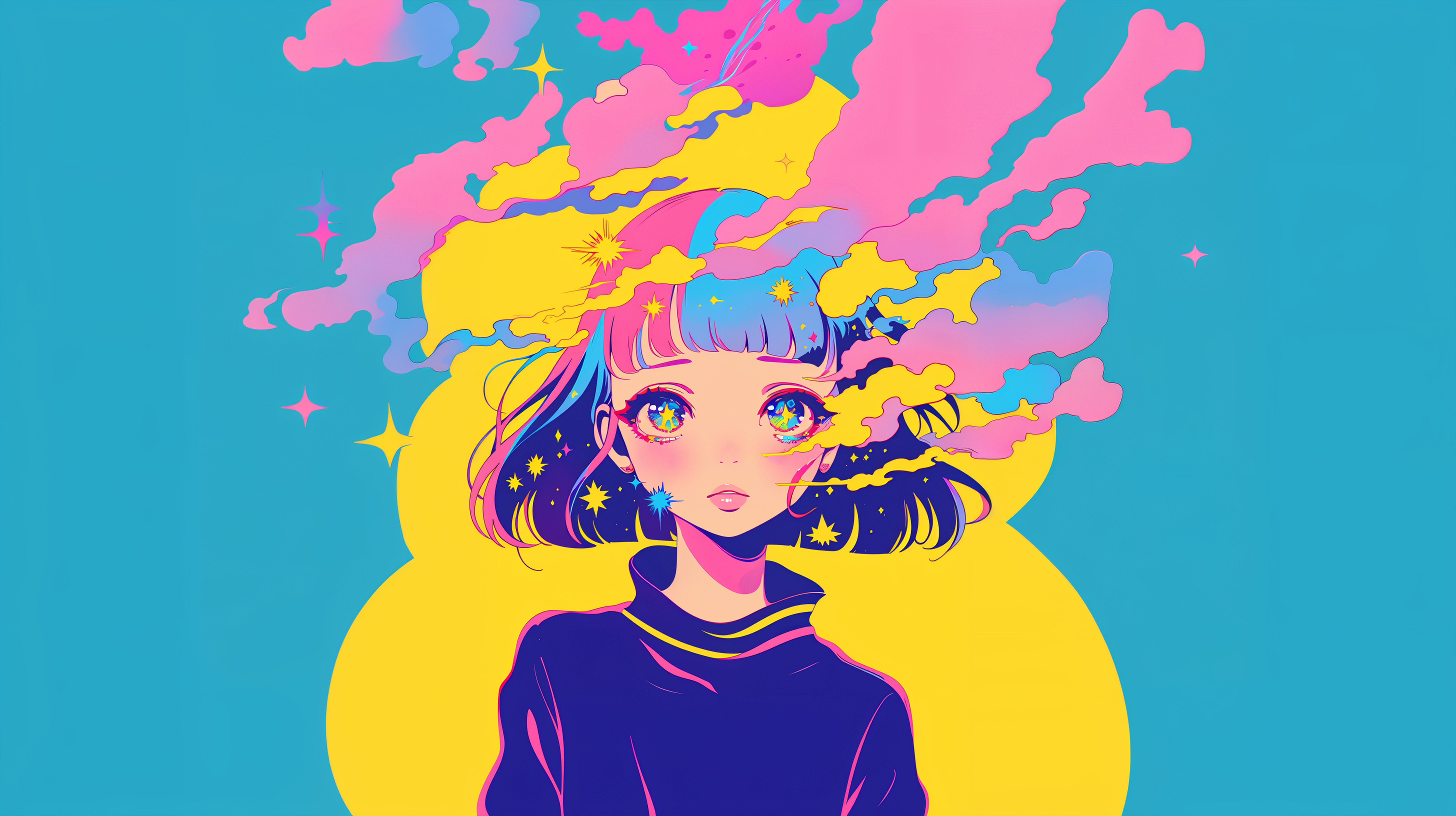 頭にカラフルな雲を纏う少女のコミック風イラスト no.3