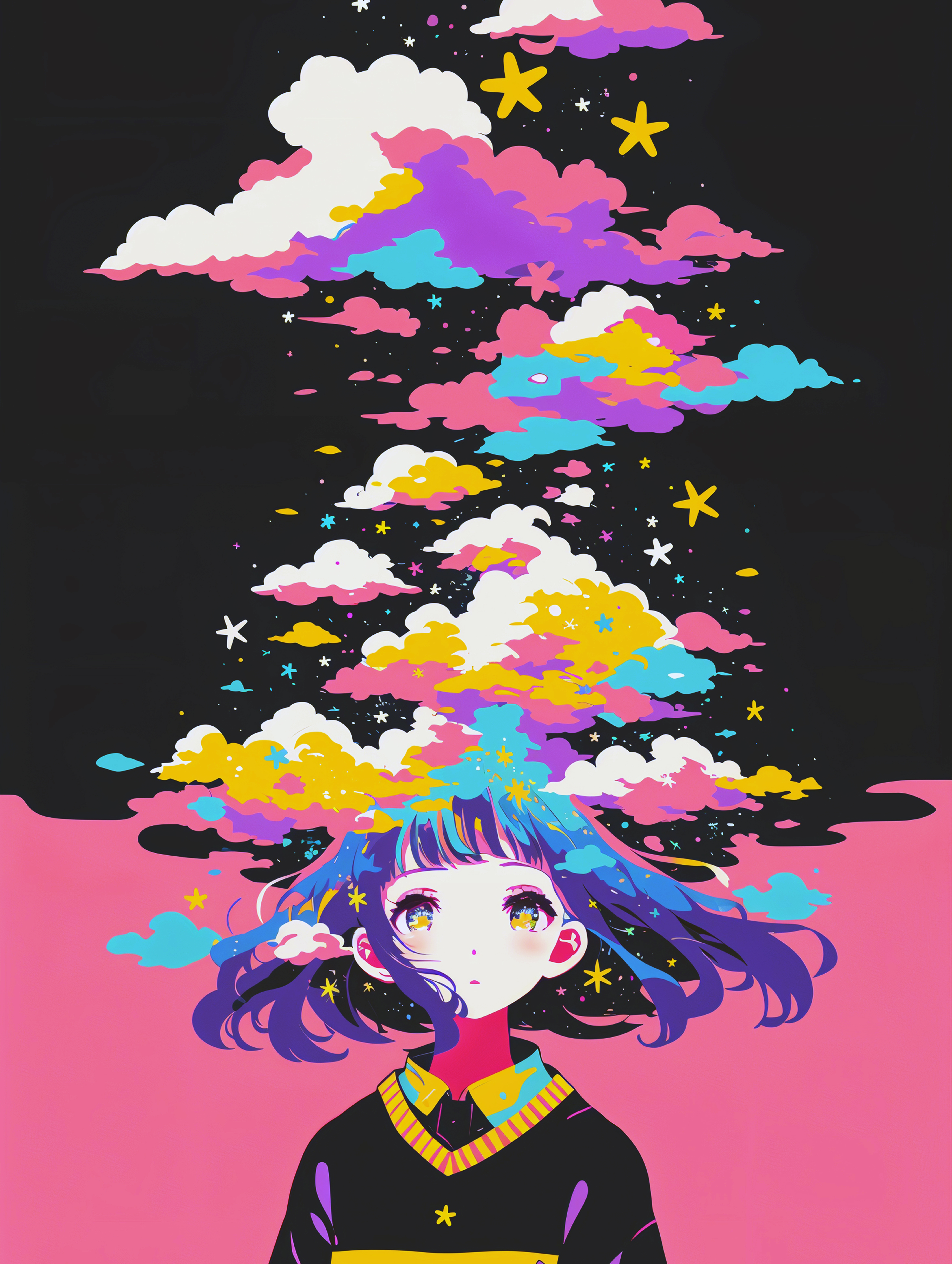 頭の上に雲と夜空が広がるアニメガールのアートポートレートイラスト no.1