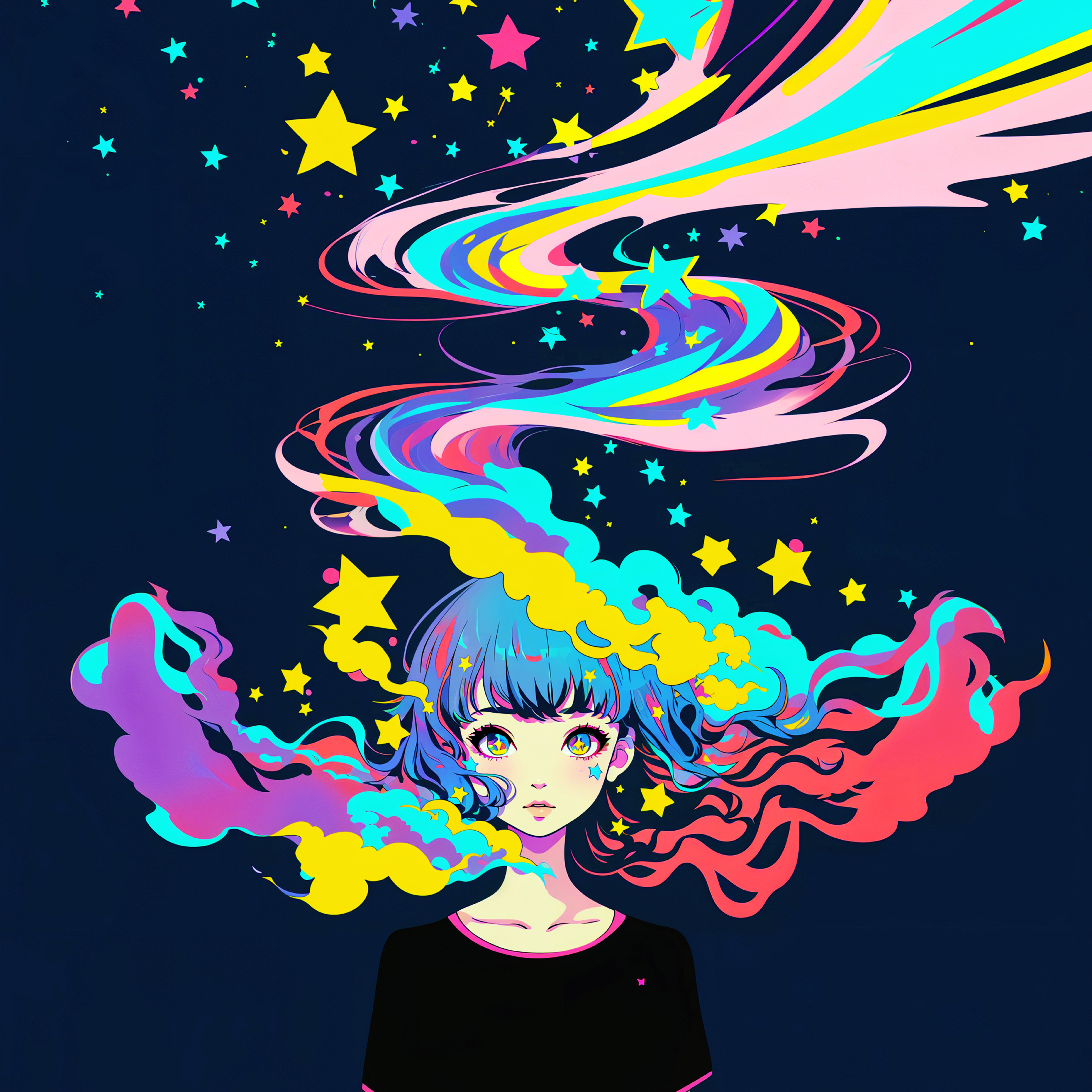 頭の上に雲と夜空が広がるアニメガールのアートポートレートイラスト no.12