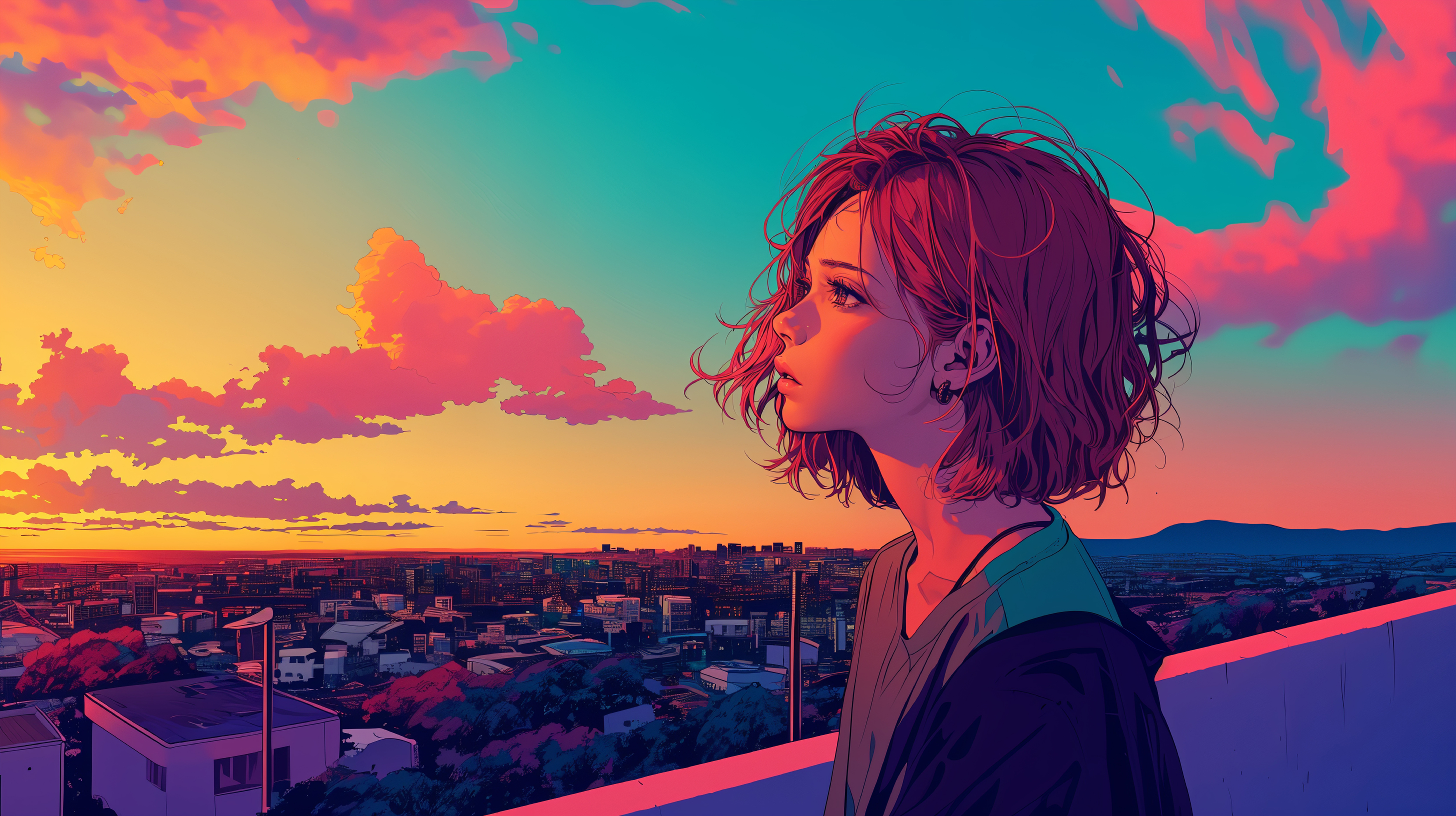 都会の屋上で夕日を眺める女性の横顔 no.1