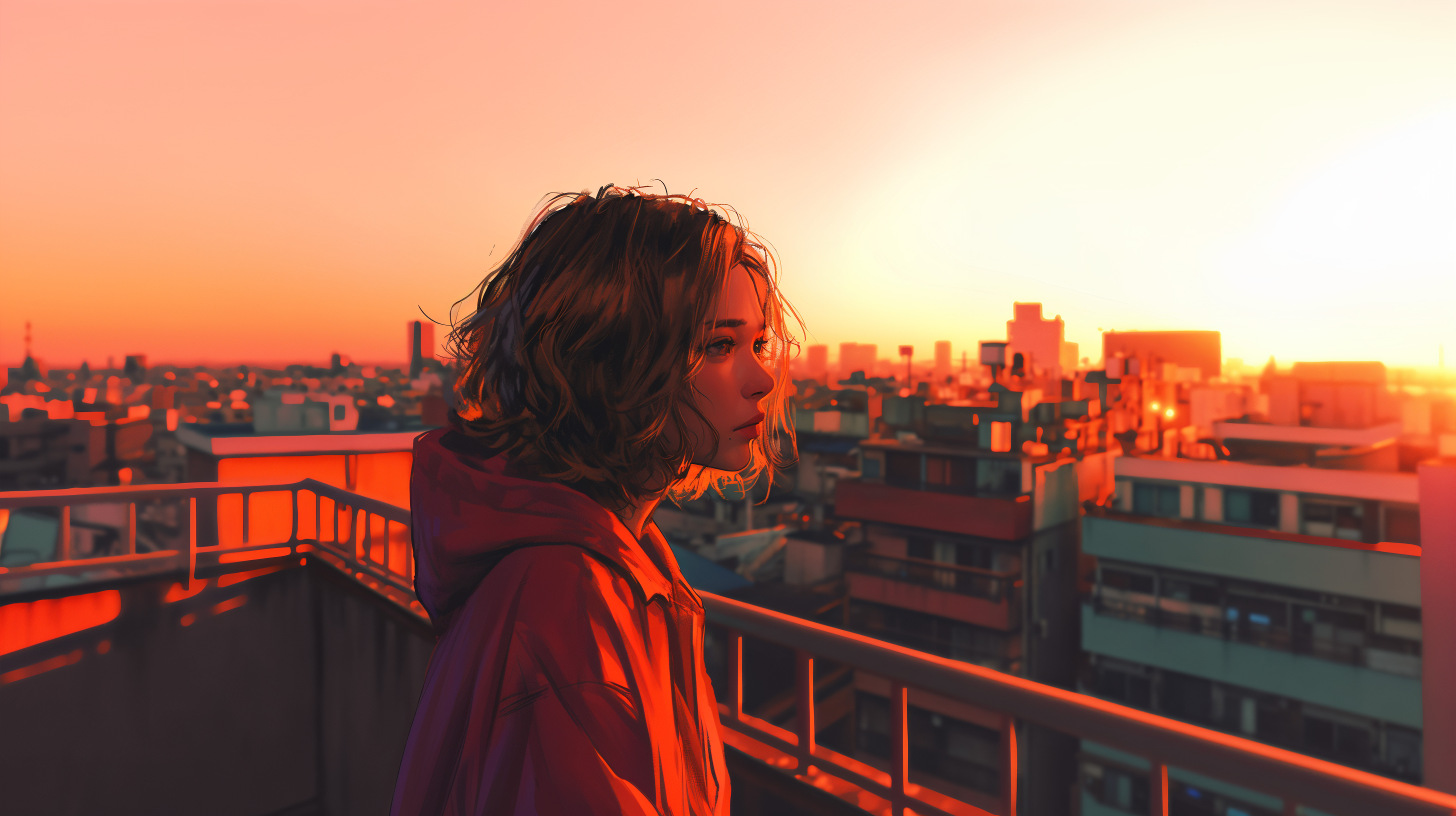 都会の屋上で夕日を眺める女性の横顔 no.5