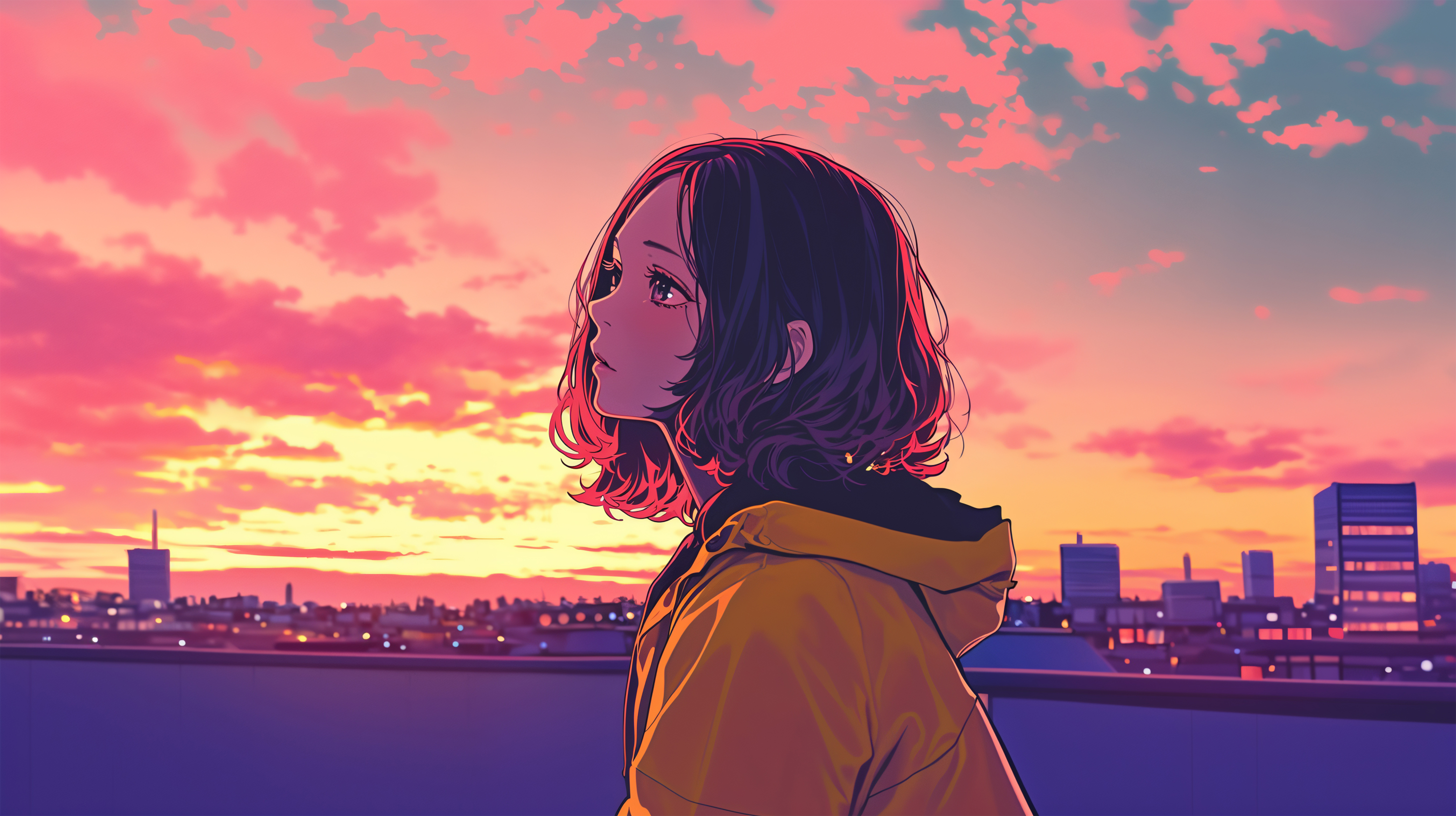 夕日に染まる都会の街を屋上から眺める女性の横顔 no.6