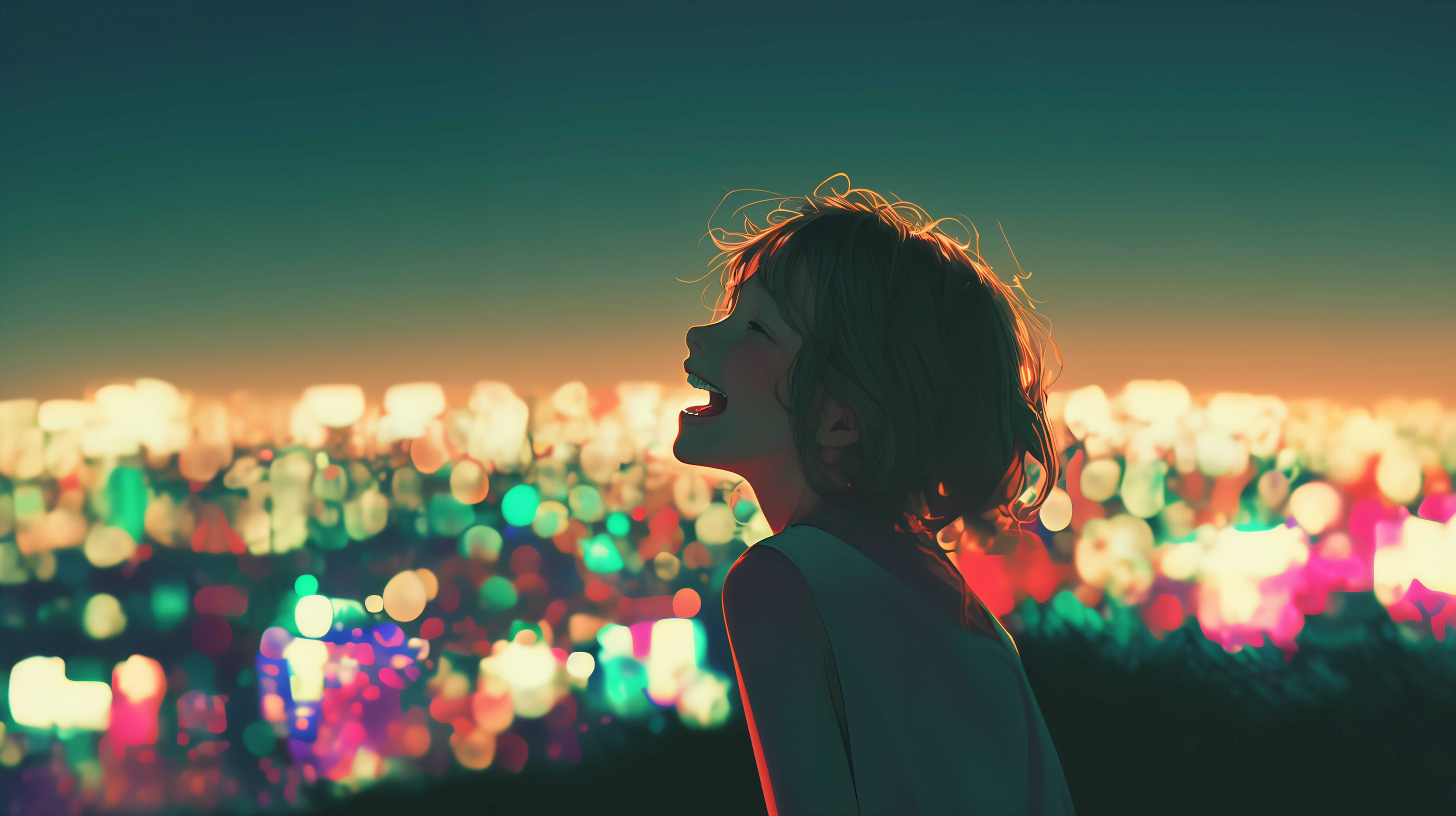 東京の夜景に向かって叫ぶ女の子のイラスト no.2