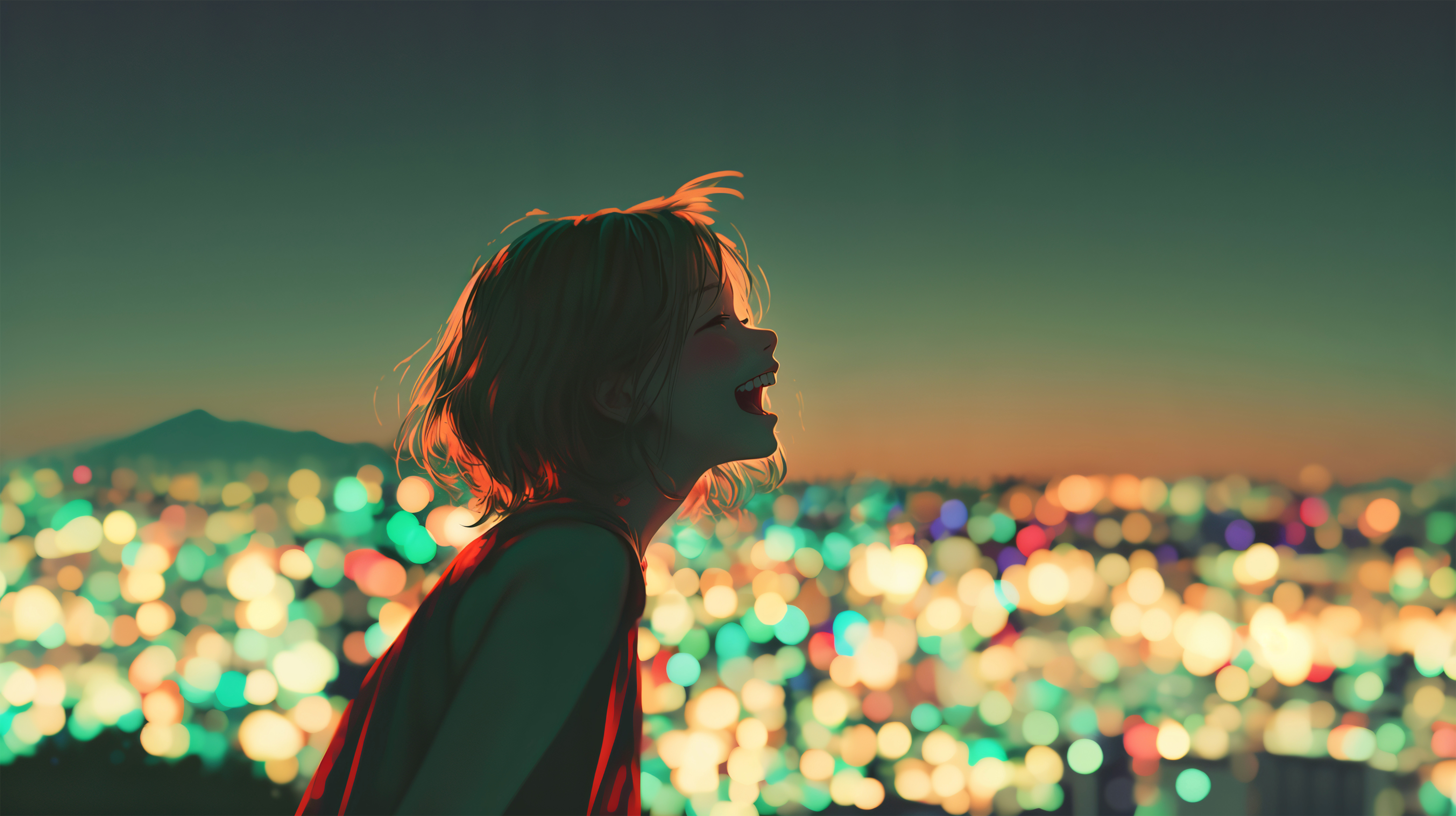 東京の夜景に向かって叫ぶ女の子のイラスト no.5