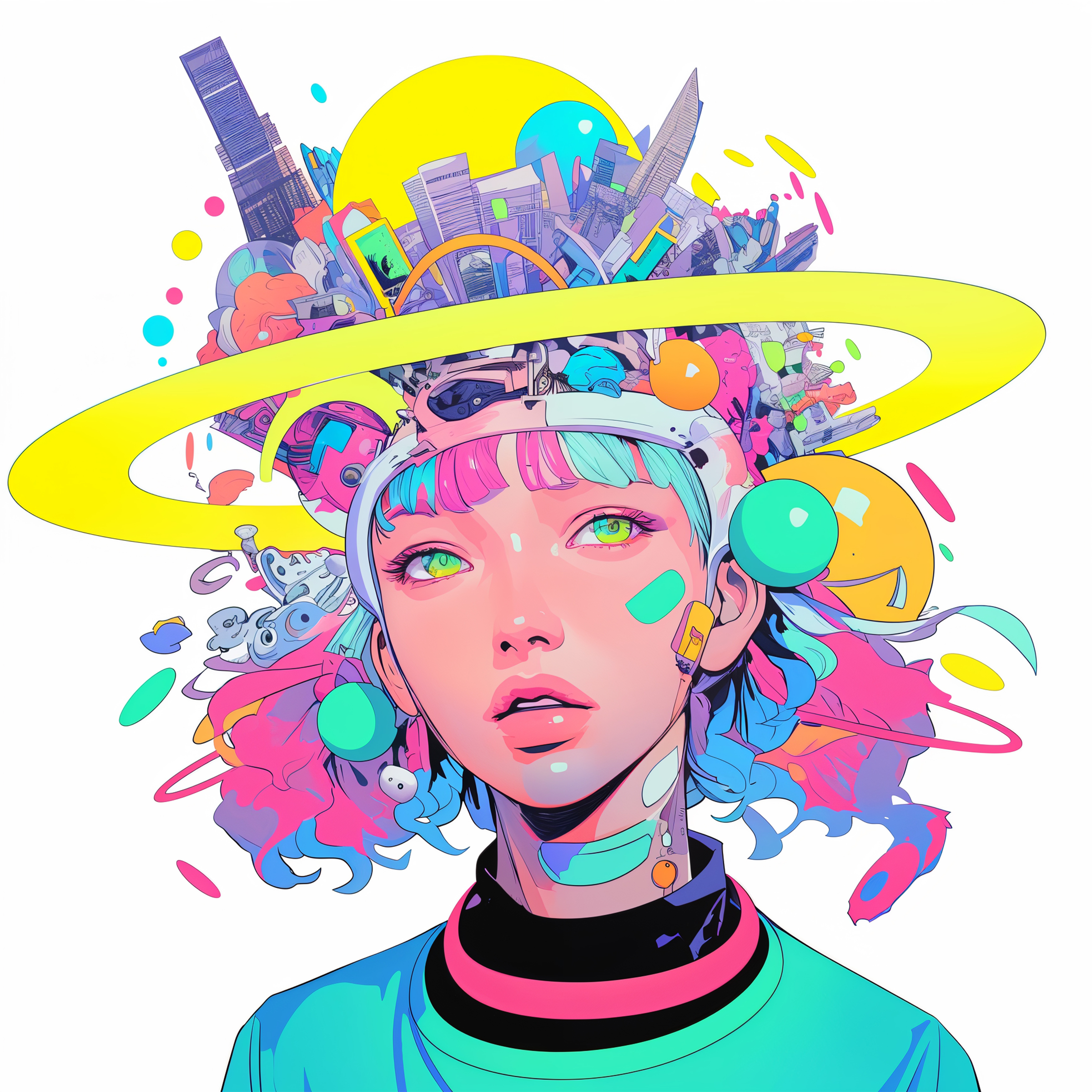 宇宙や都会のモチーフを纏う女性のアニメチックコラージュアート no.3