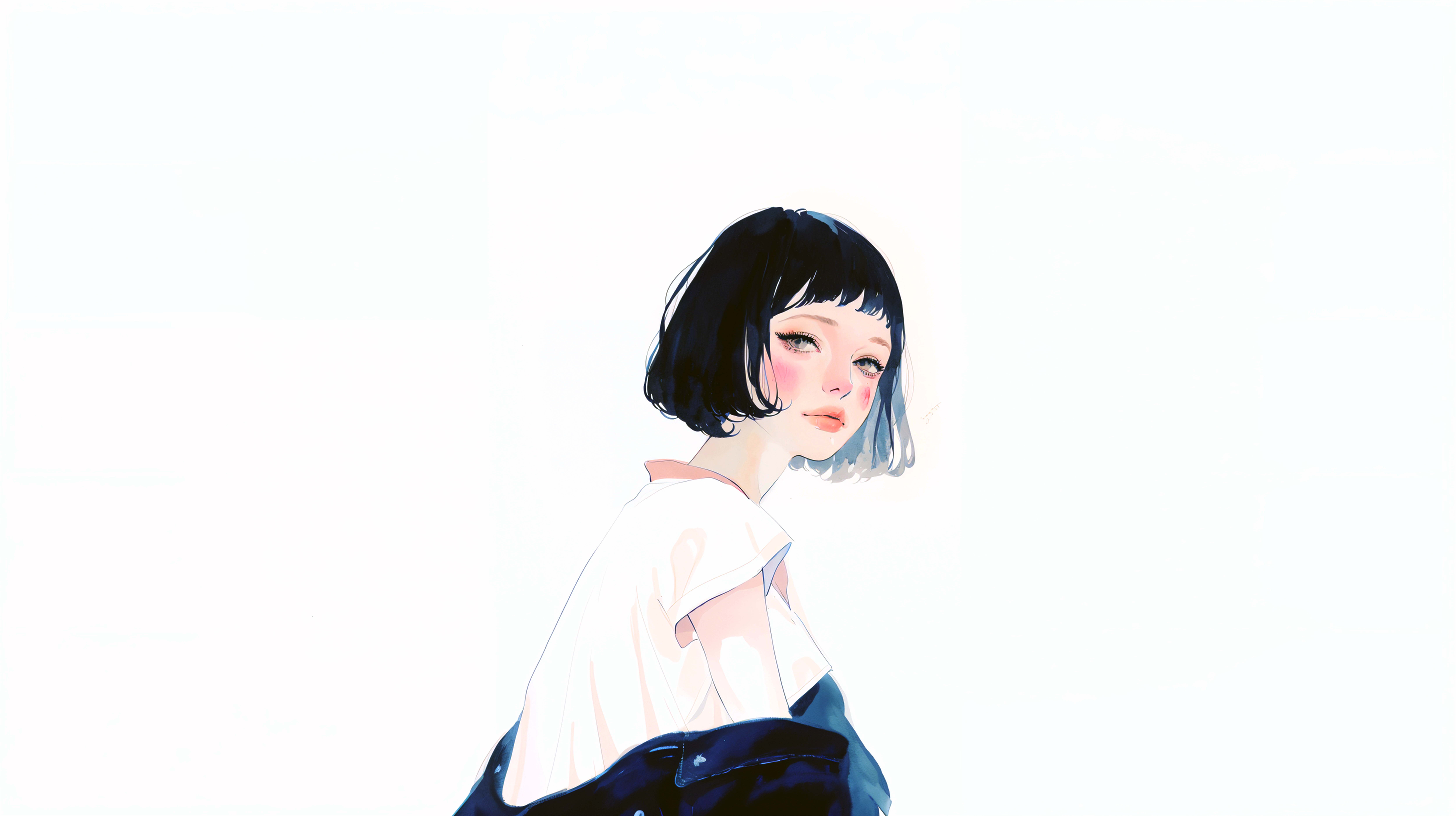 オン眉ボブヘアの女性のモダンな水彩ポートレートイラスト素材 no.1