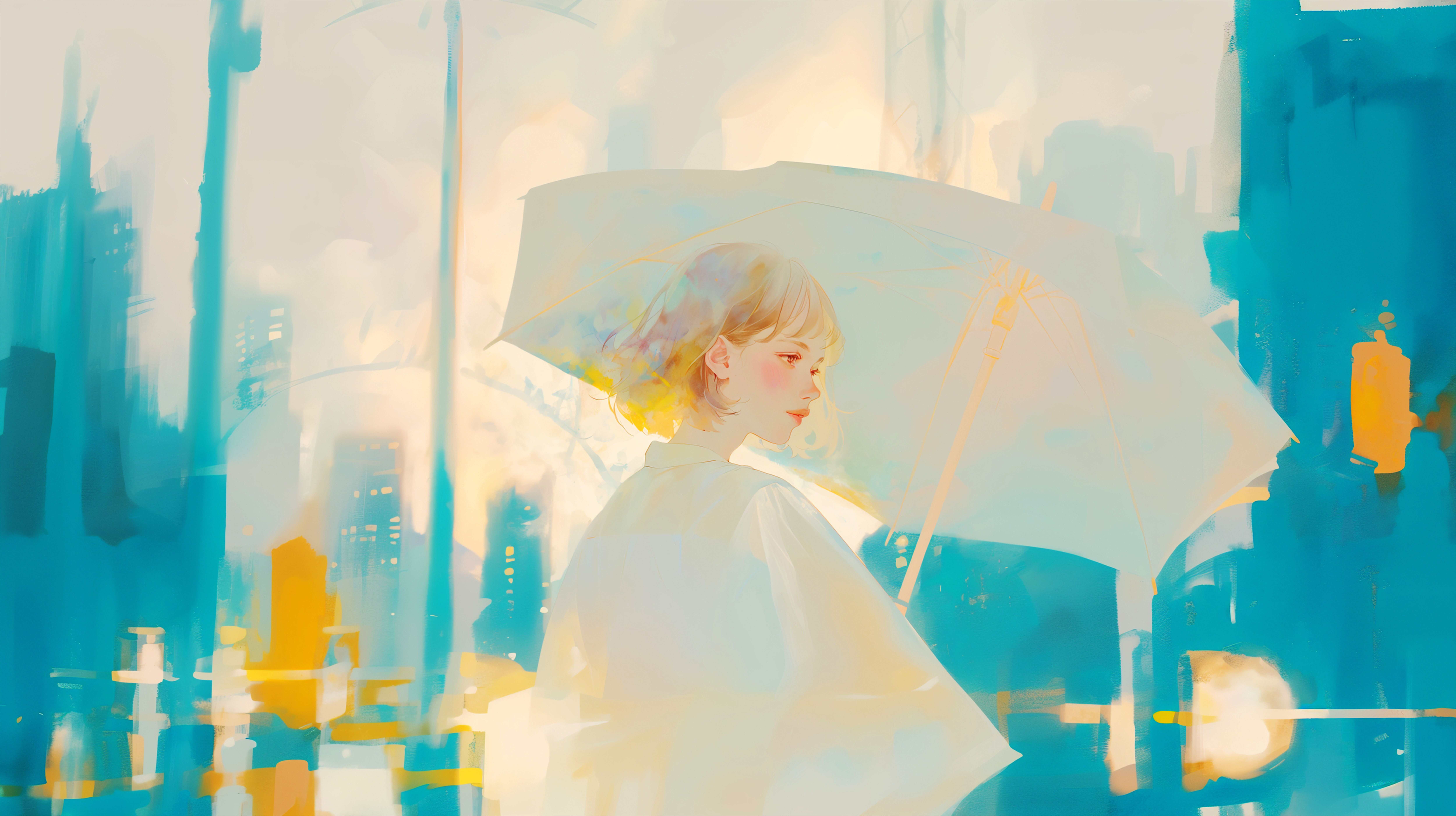 夜の街を歩く女性の淡くノスタルジックな水彩イラスト素材 no.1
