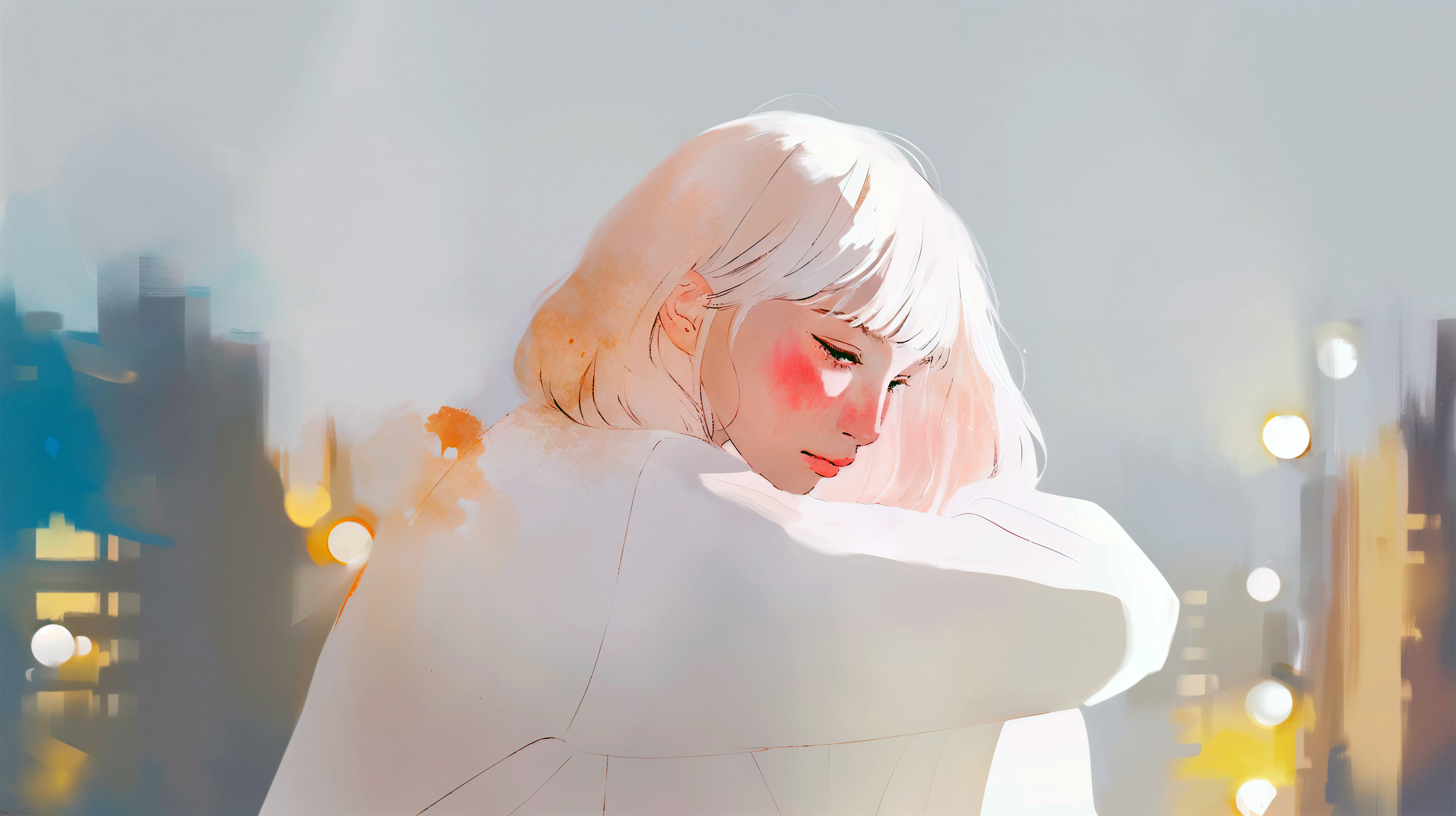 夜の街を歩く女性の淡くノスタルジックな水彩イラスト素材 no.2