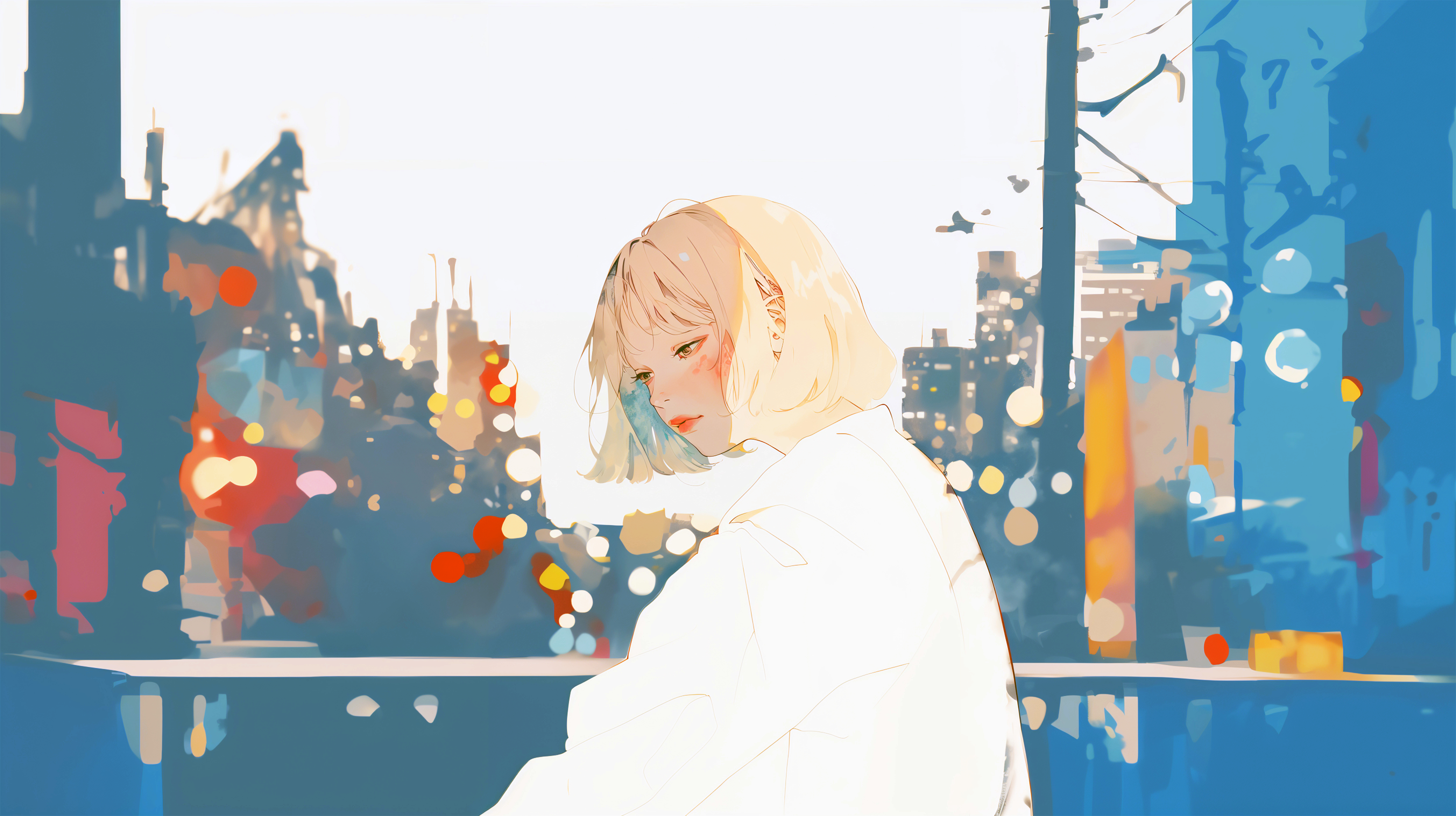 夜の街を歩く女性の淡くノスタルジックな水彩イラスト素材 no.4