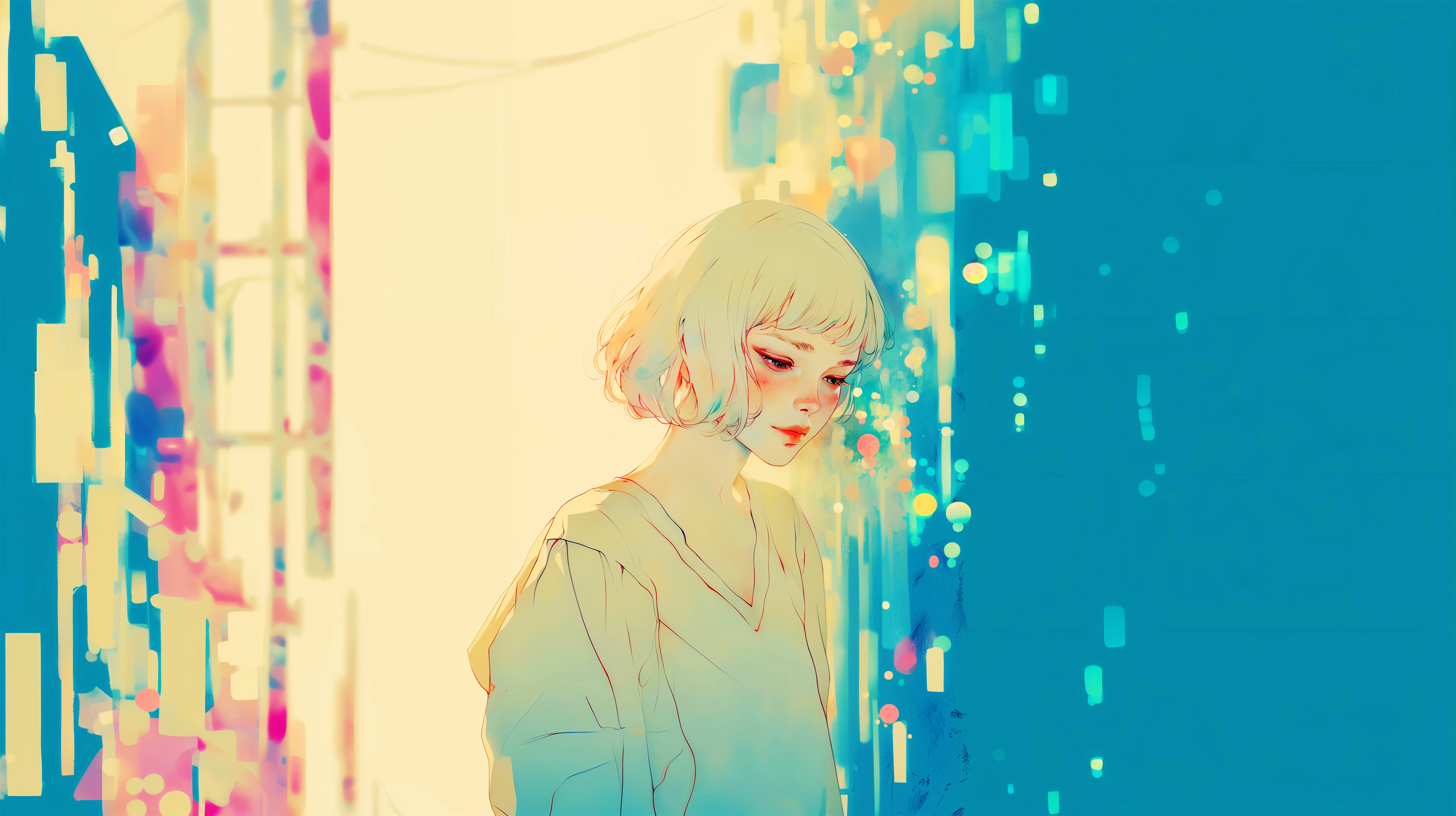 夜の街を歩く女性の淡くノスタルジックな水彩イラスト素材 no.6