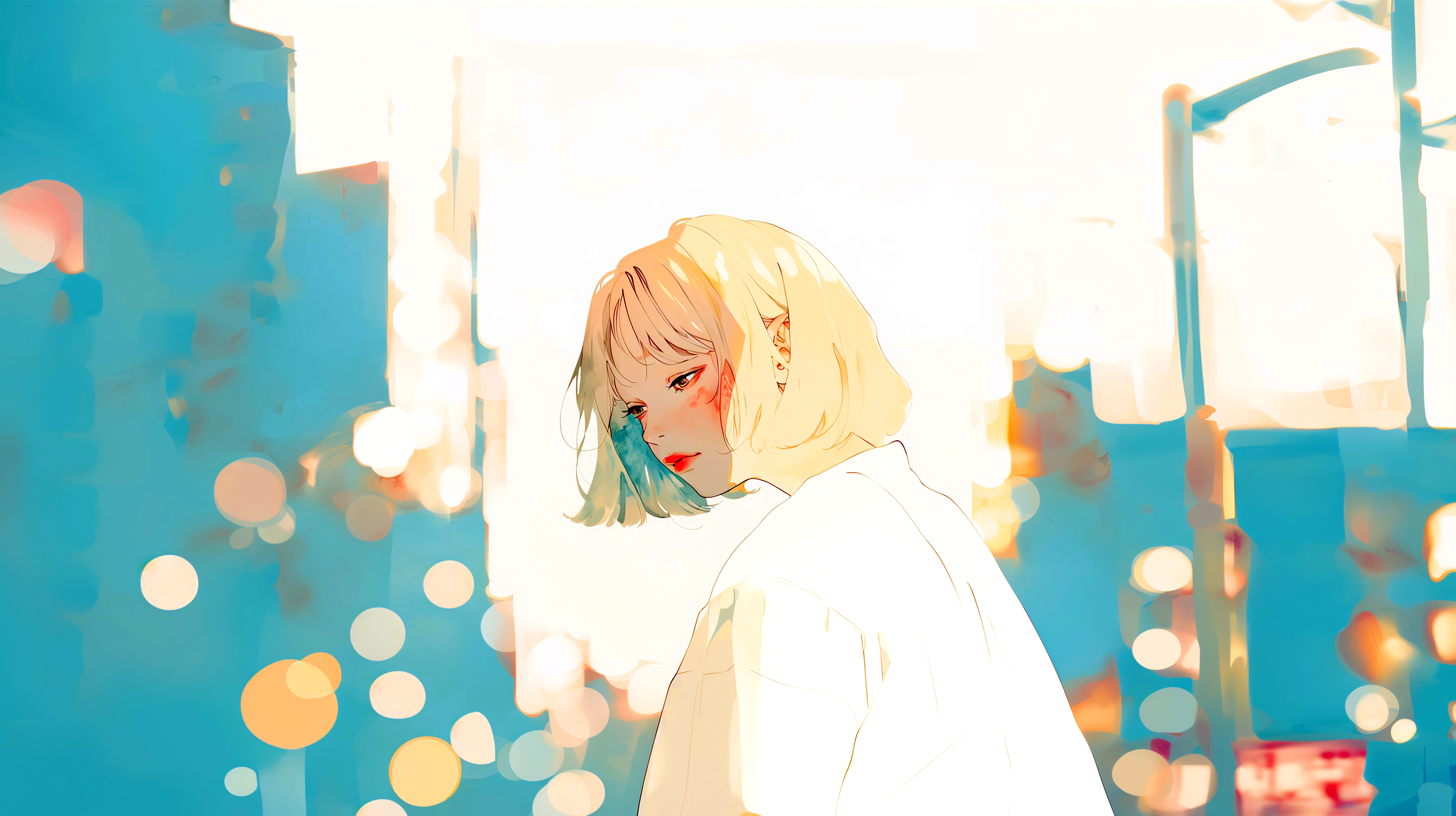 夜の街を歩く女性の淡くノスタルジックな水彩イラスト素材 no.7