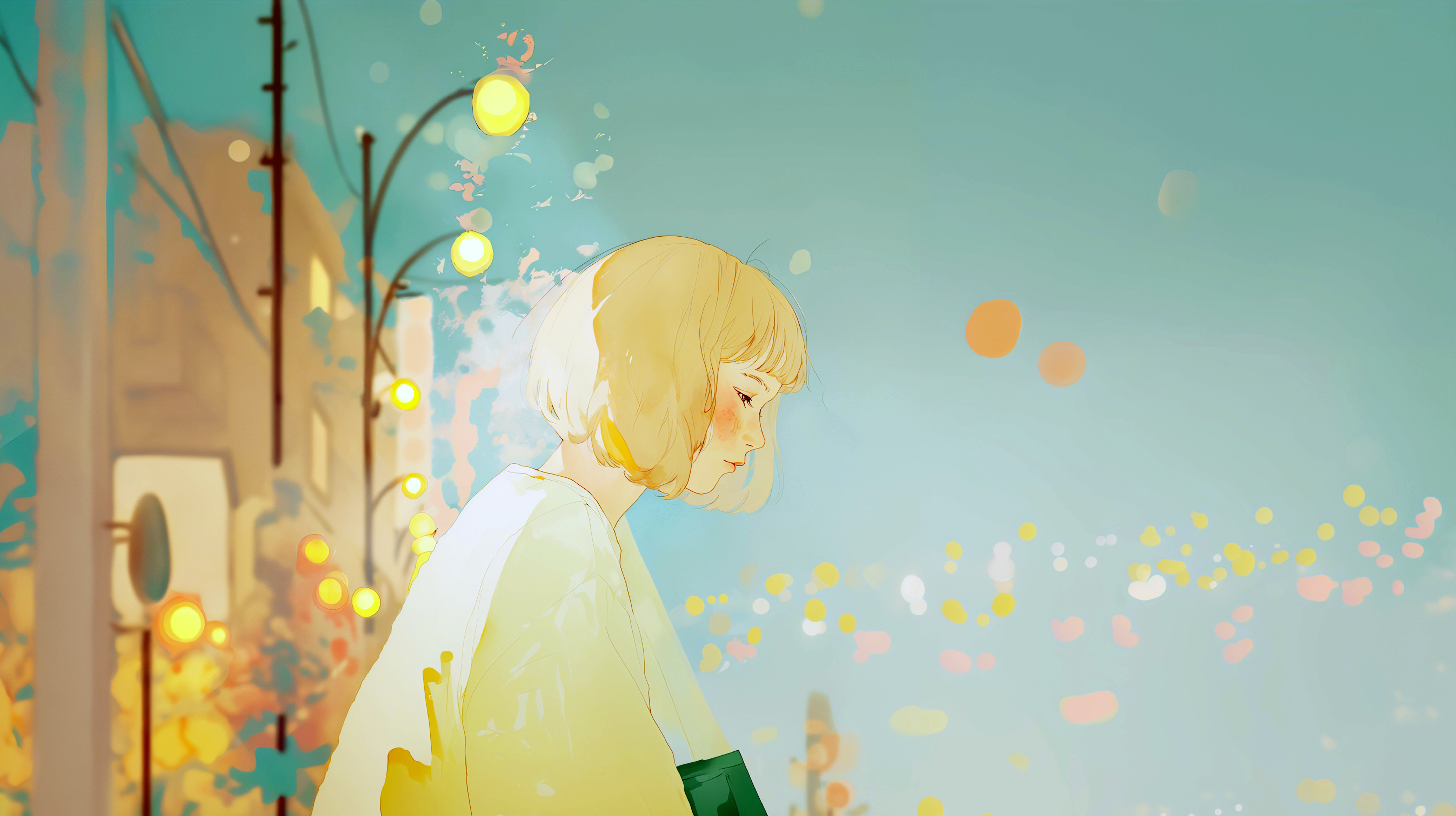 夜の街を歩く女性の淡くノスタルジックな水彩イラスト素材 no.8