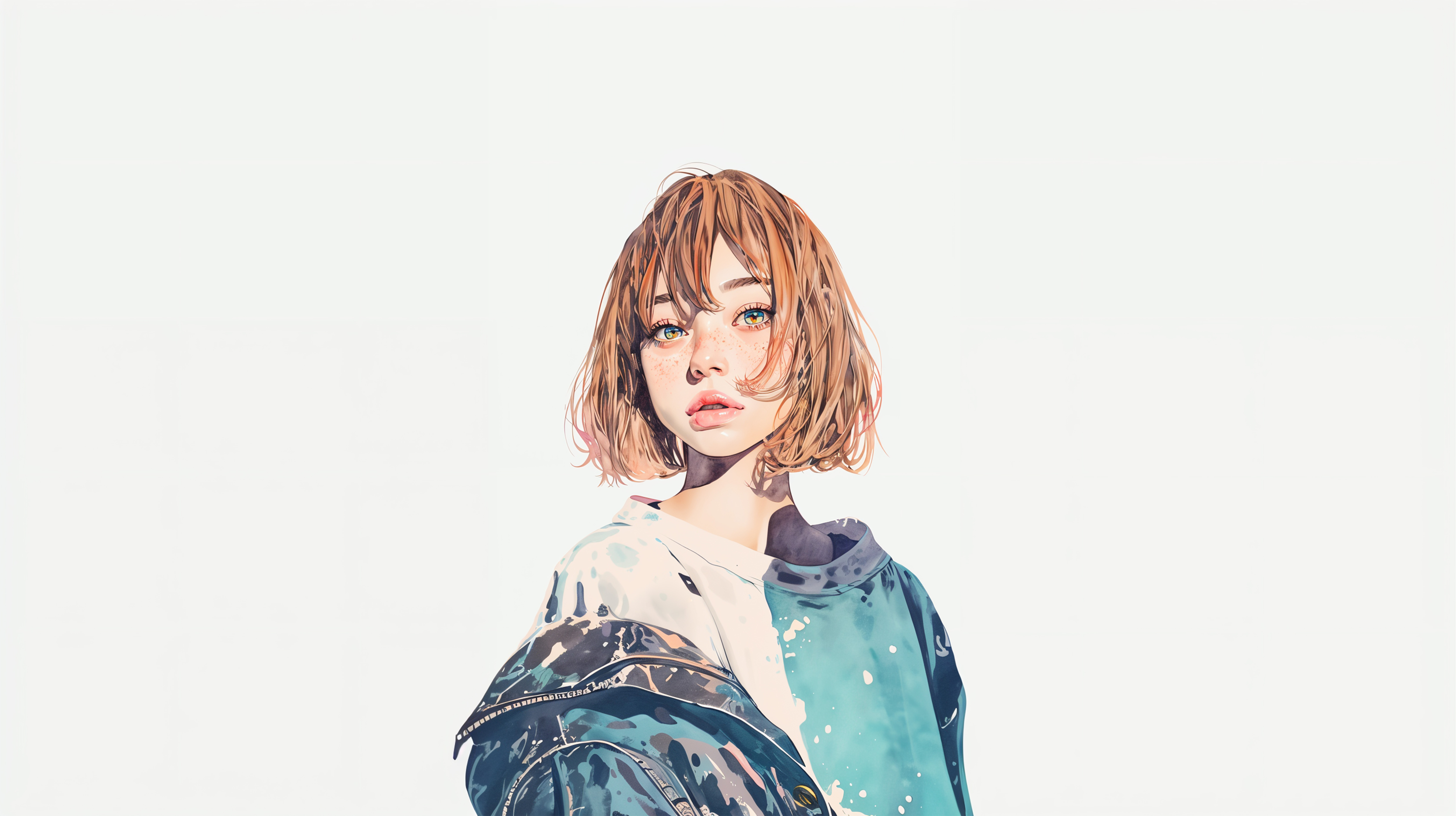 モダン水彩で描かれたハーフ風の可愛い女の子ポートレートイラスト no.2