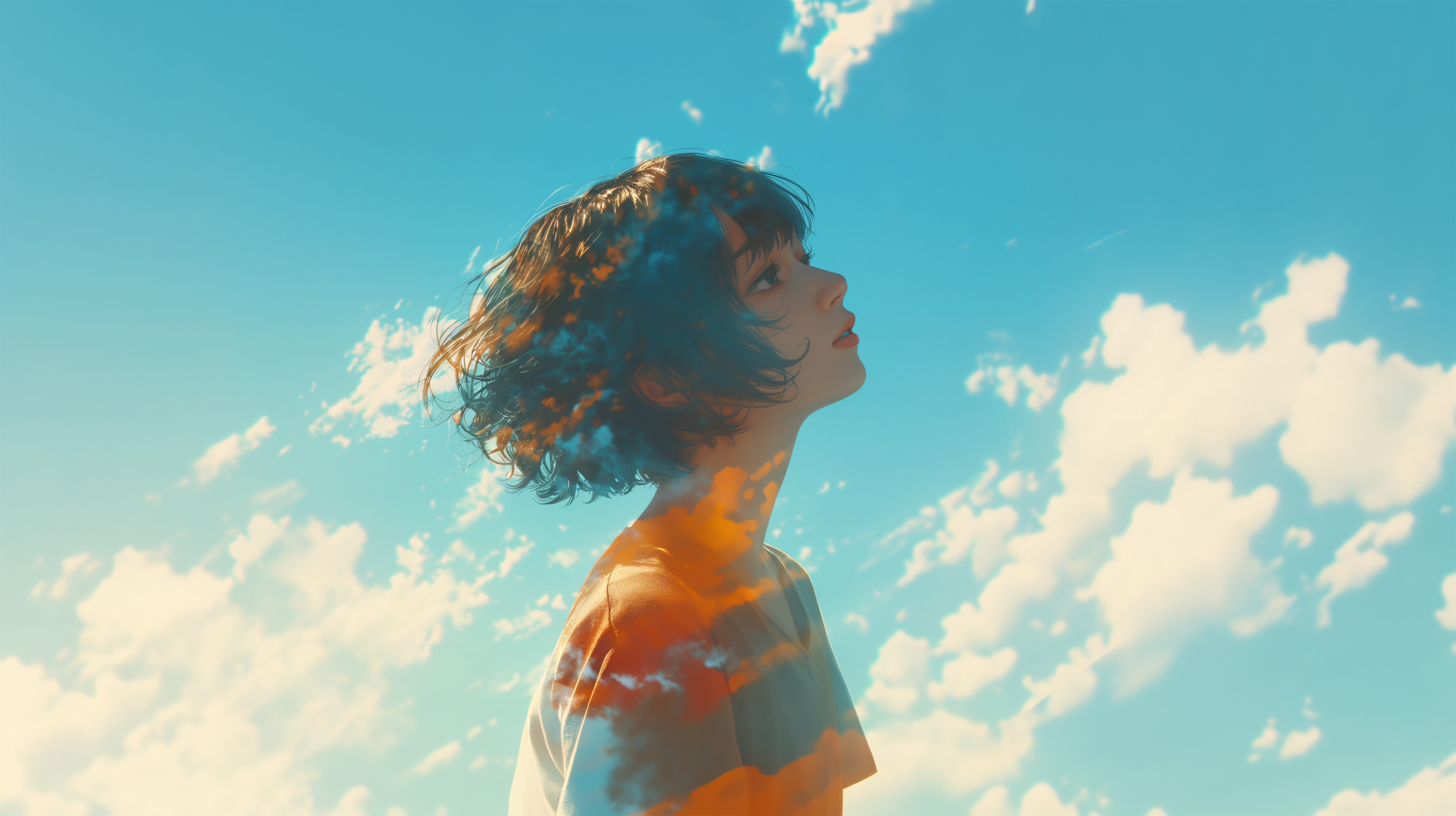 女性と青空の多重露光風アートポートレート no.2