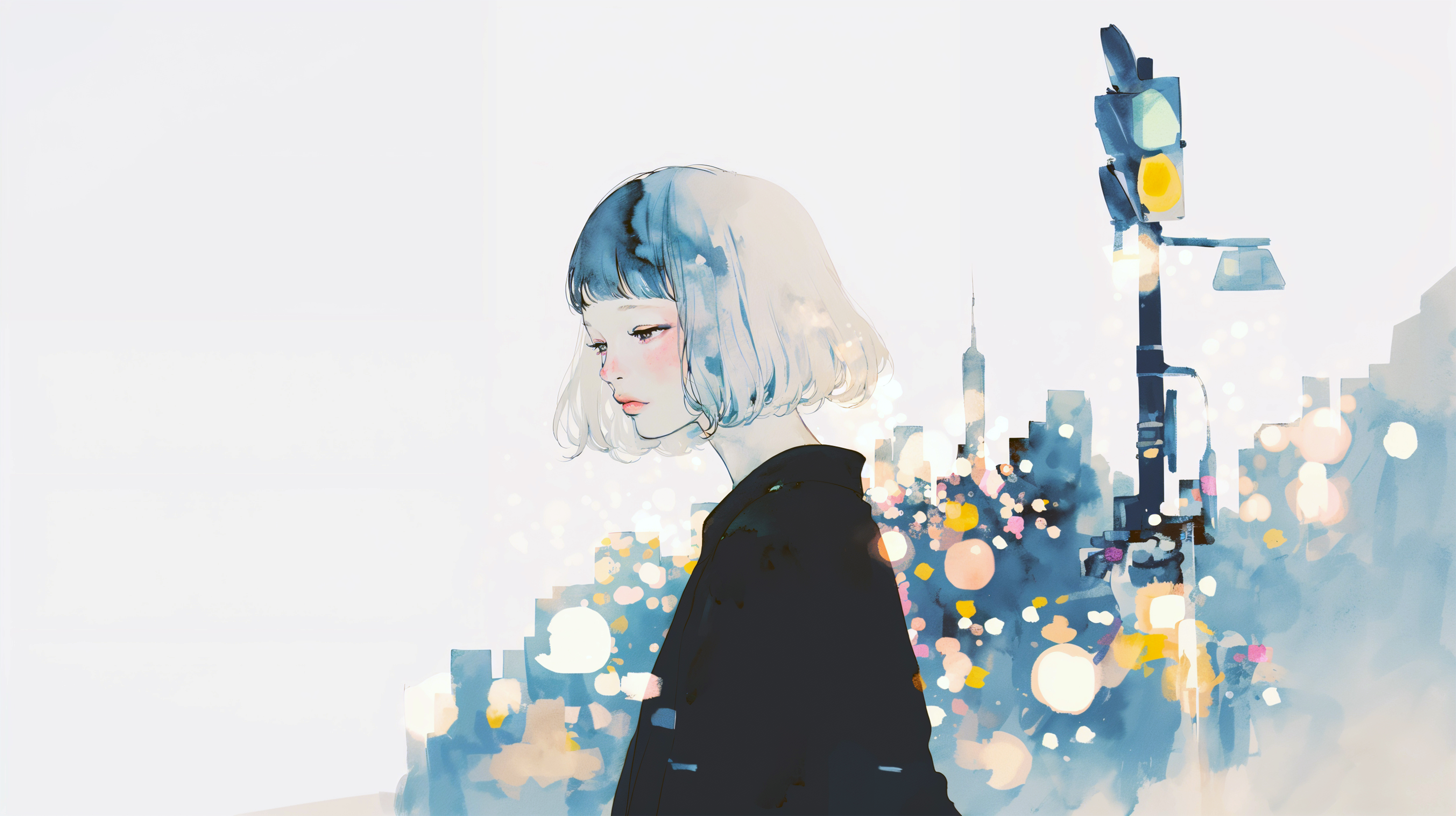 夜の街を静かな表情で歩く女性の水彩イラスト no.2