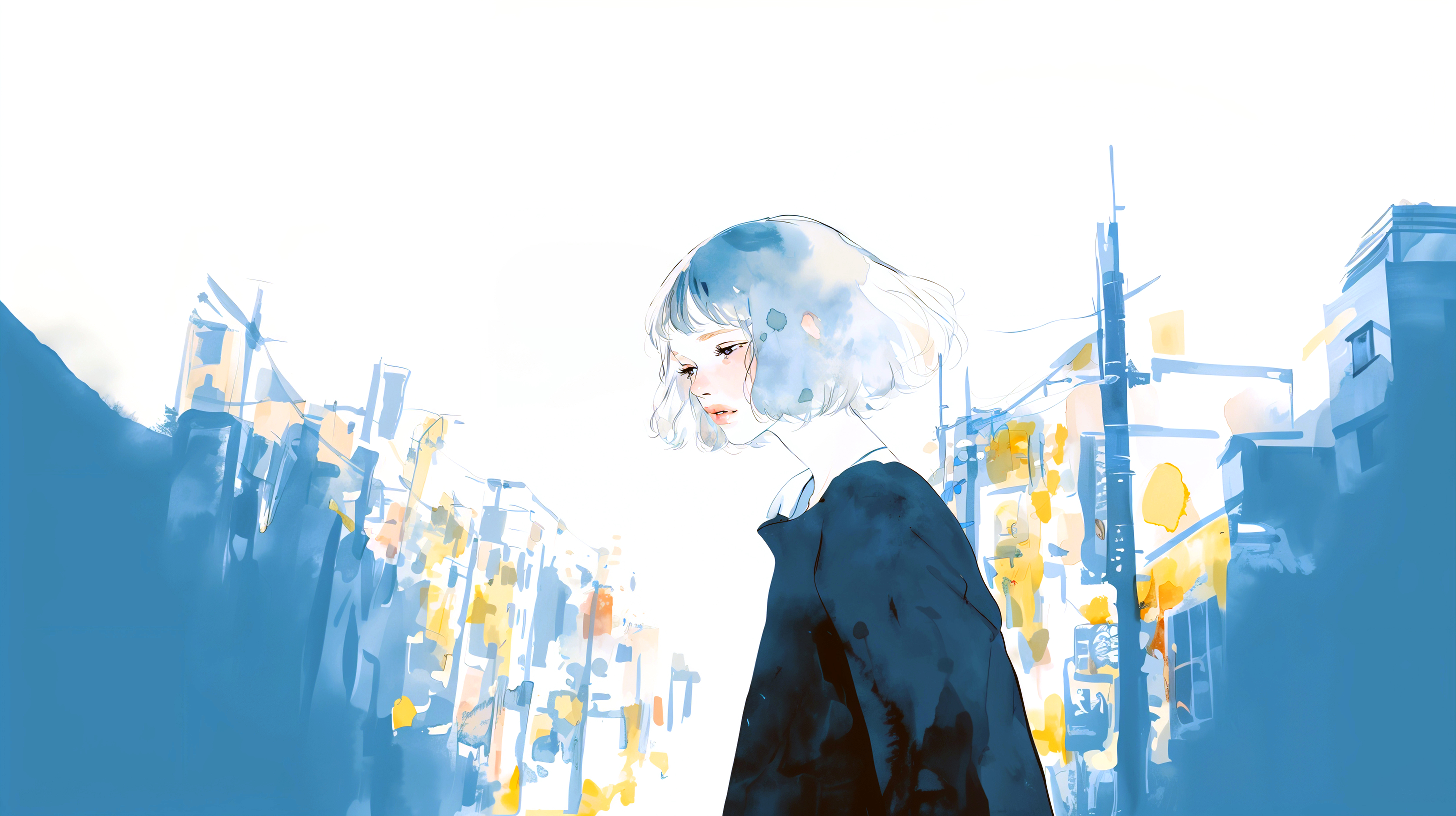 夜の街を静かな表情で歩く女性の水彩イラスト no.3