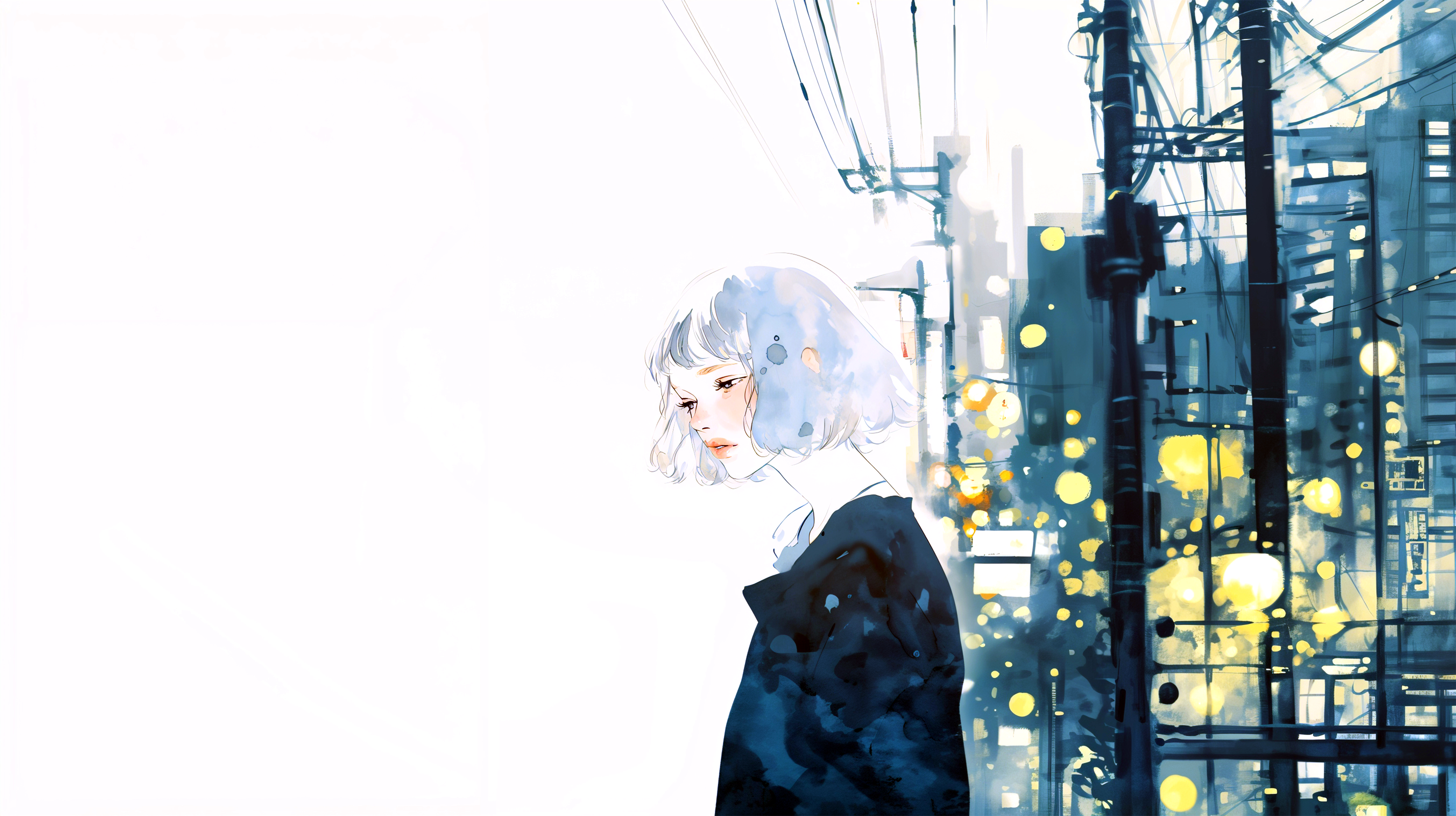 夜の街を静かな表情で歩く女性の水彩イラスト no.5
