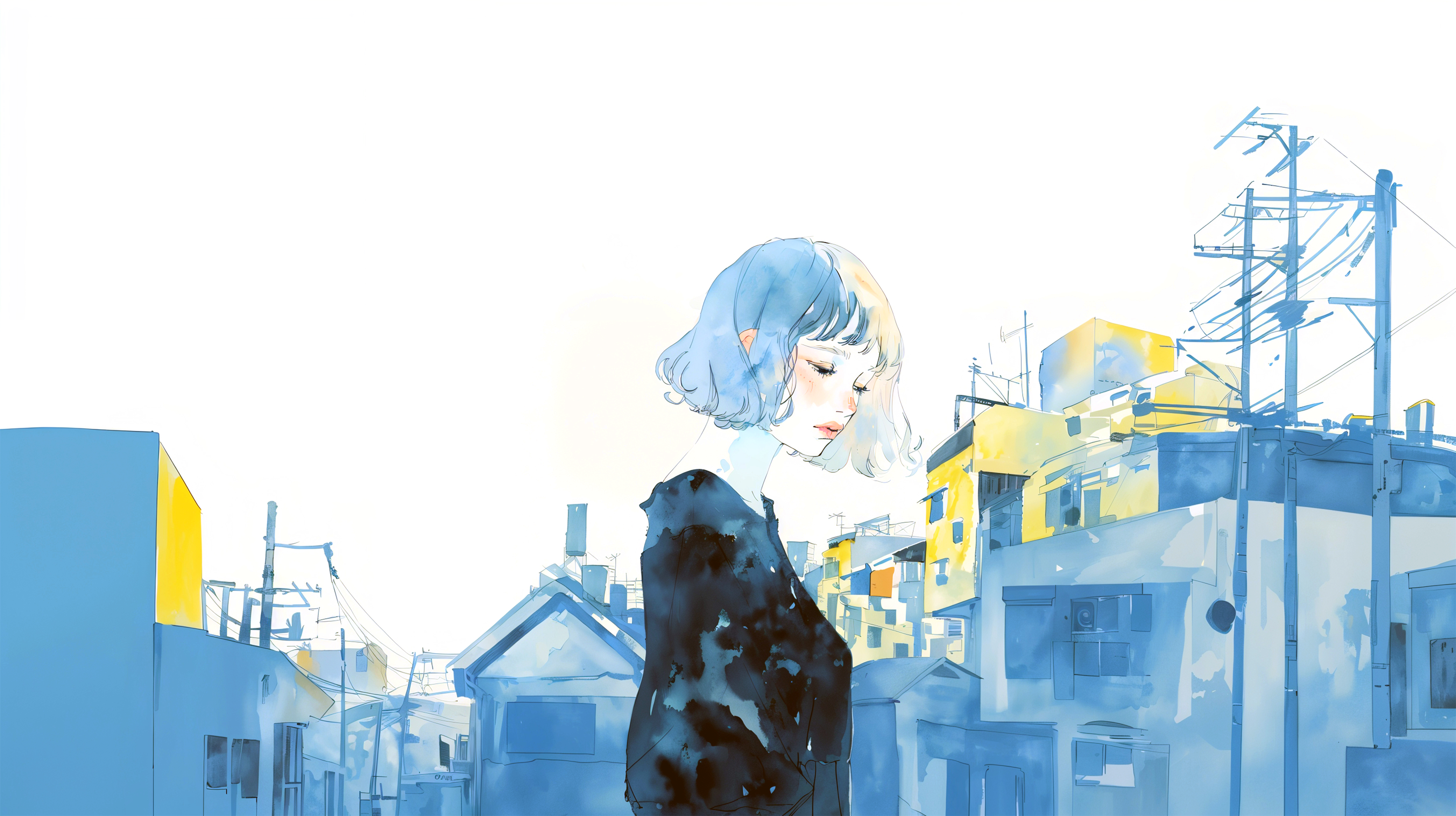 夜の街を静かな表情で歩く女性の水彩イラスト no.7