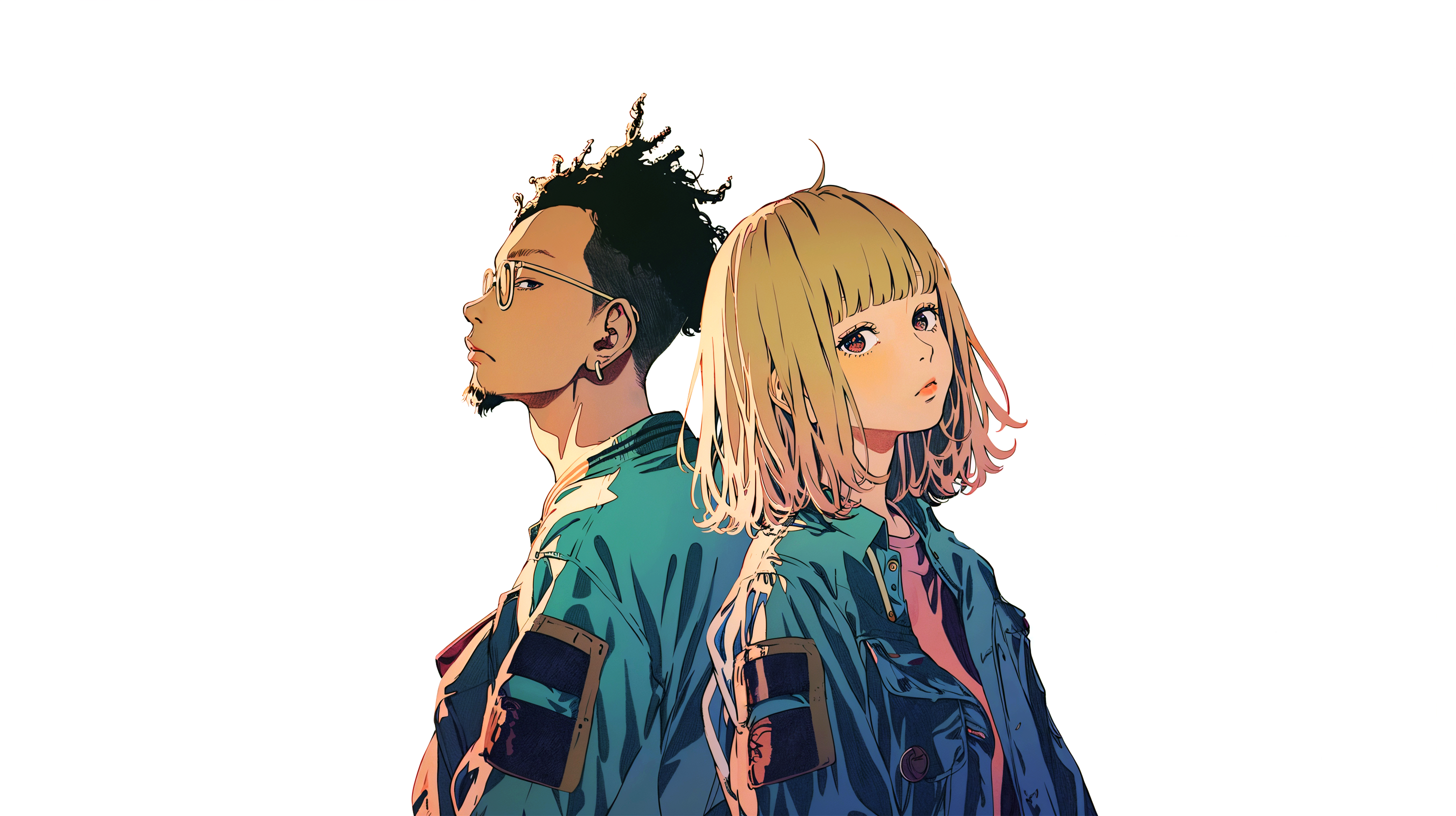 背中合わせに立つアニメチックな男女のイラスト素材 no.1