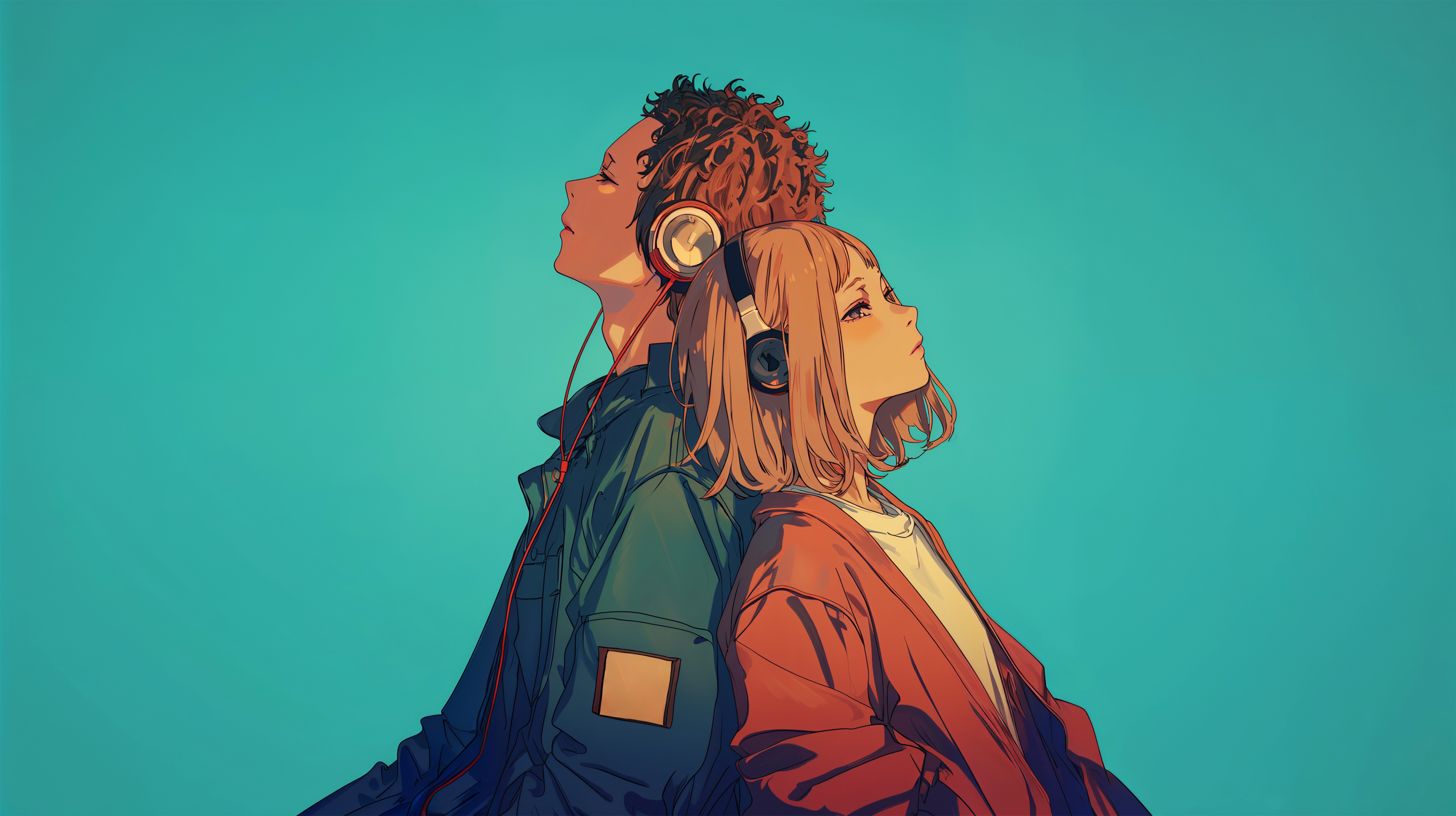 背中合わせに立つアニメチックな男女のイラスト素材 no.3