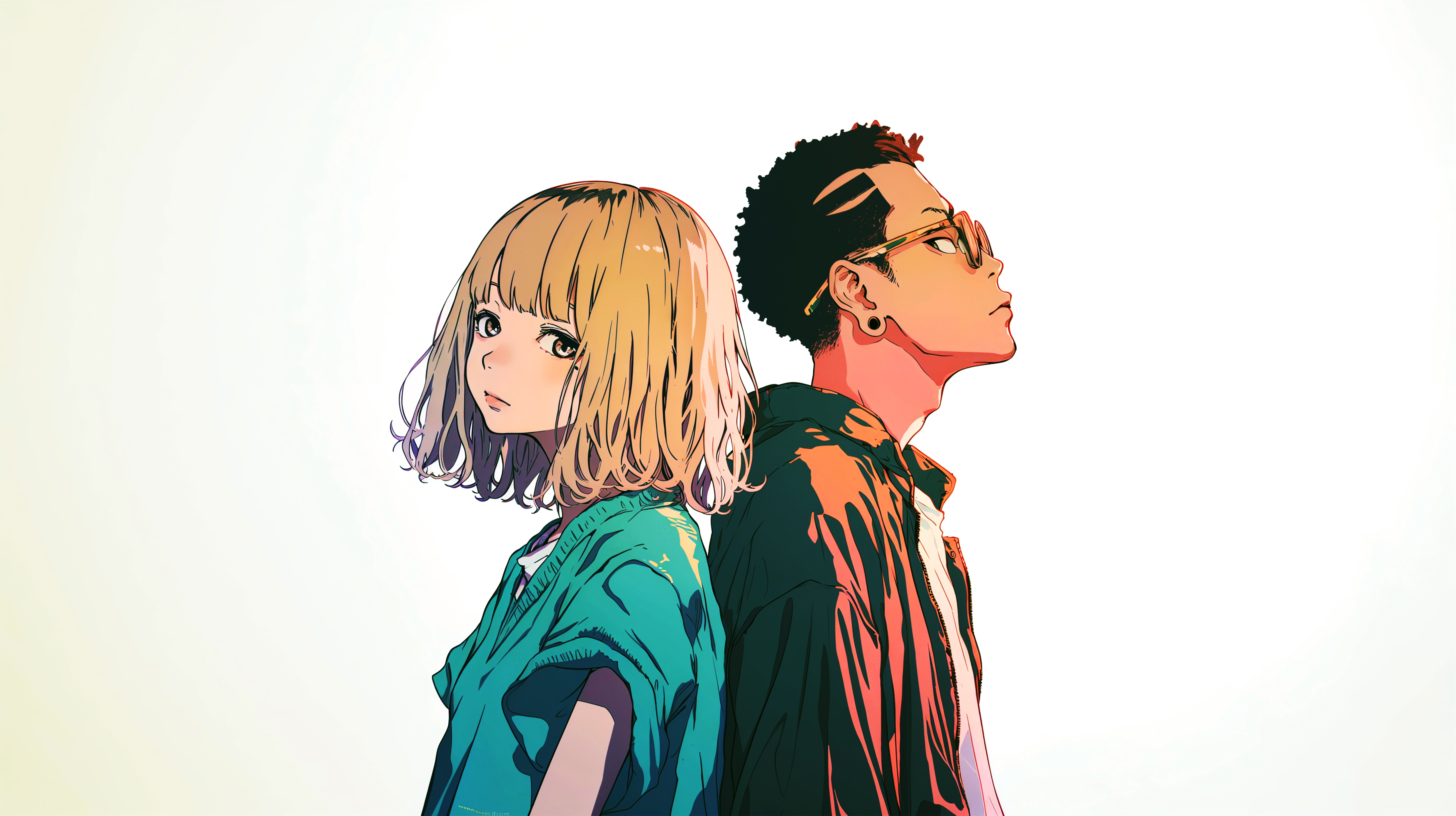 背中合わせに立つアニメチックな男女のイラスト素材 no.5