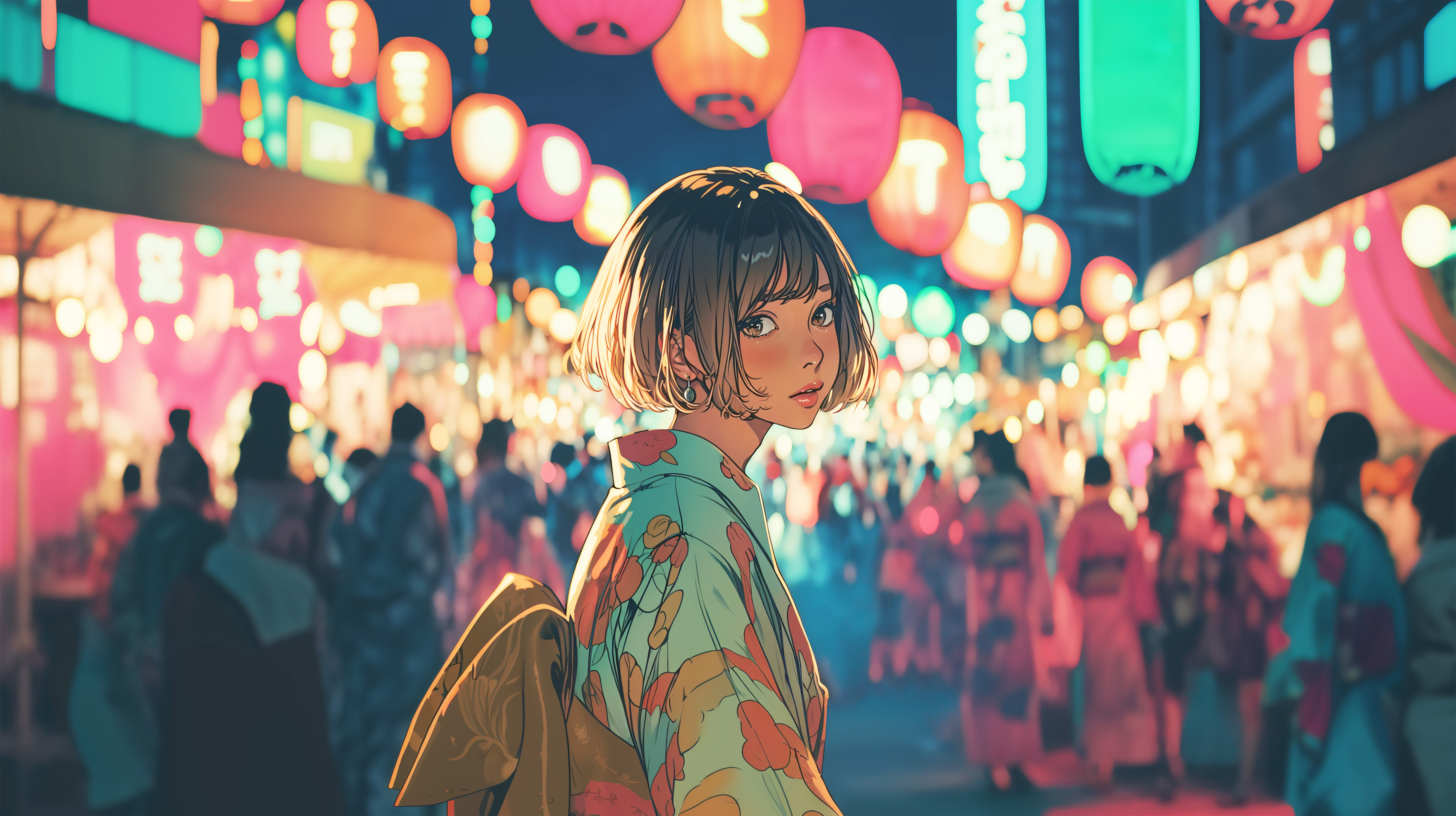 夏祭り会場で振り向く浴衣の女の子のイラスト素材 no.1