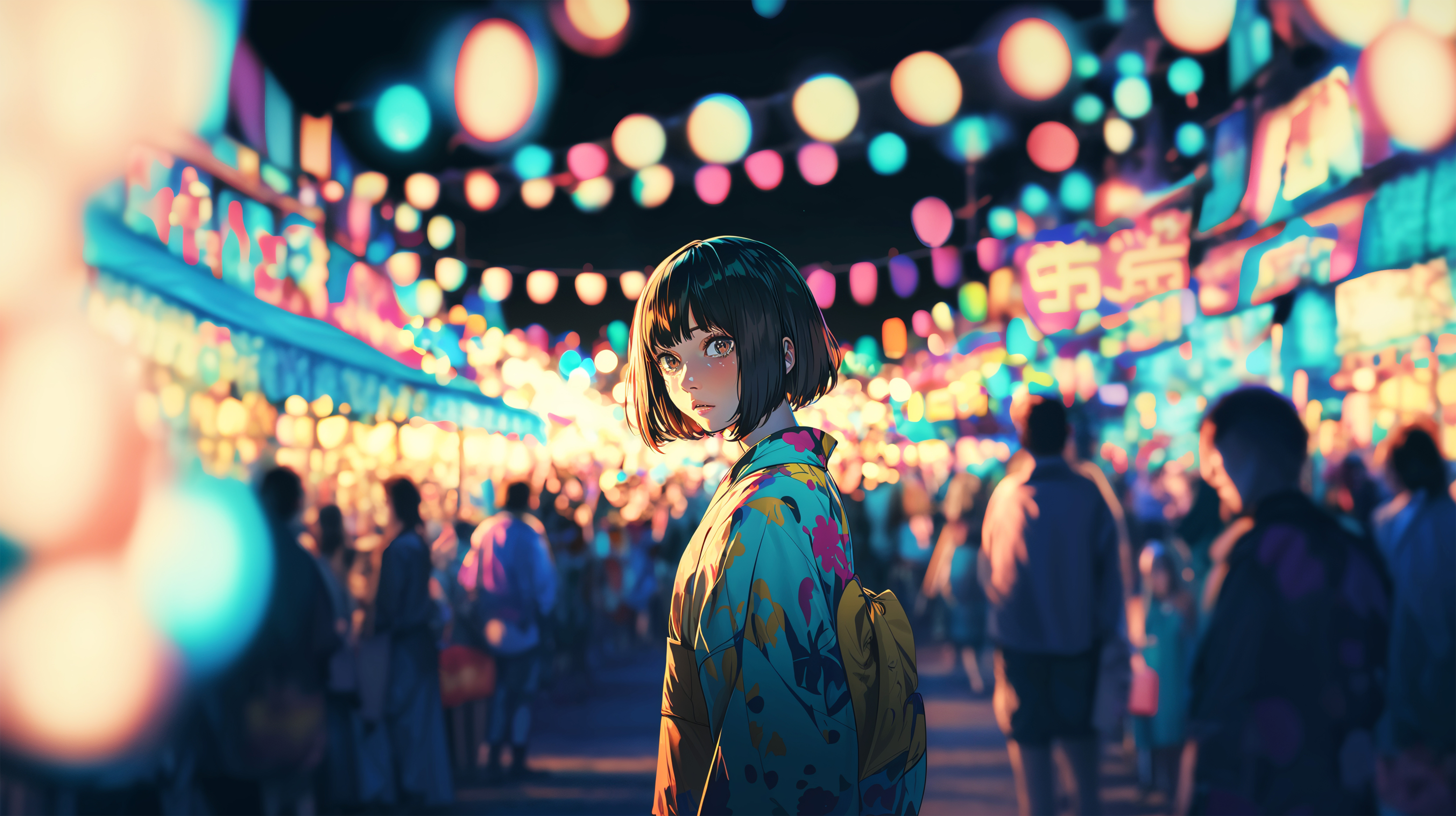 夏祭り会場で振り向く浴衣の女の子のイラスト素材 no.2