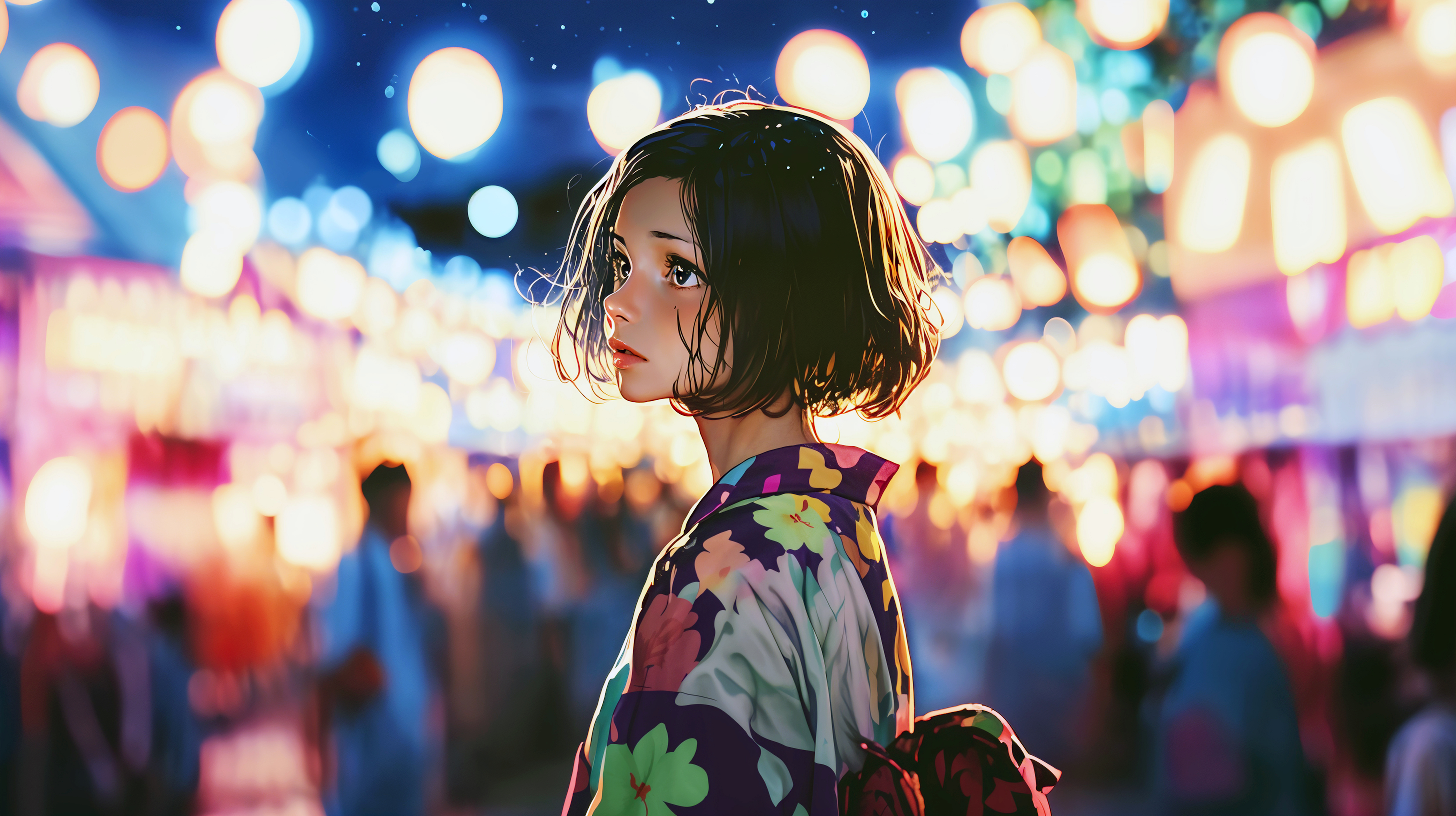 夏祭り会場で振り向く浴衣の女の子のイラスト素材 no.3