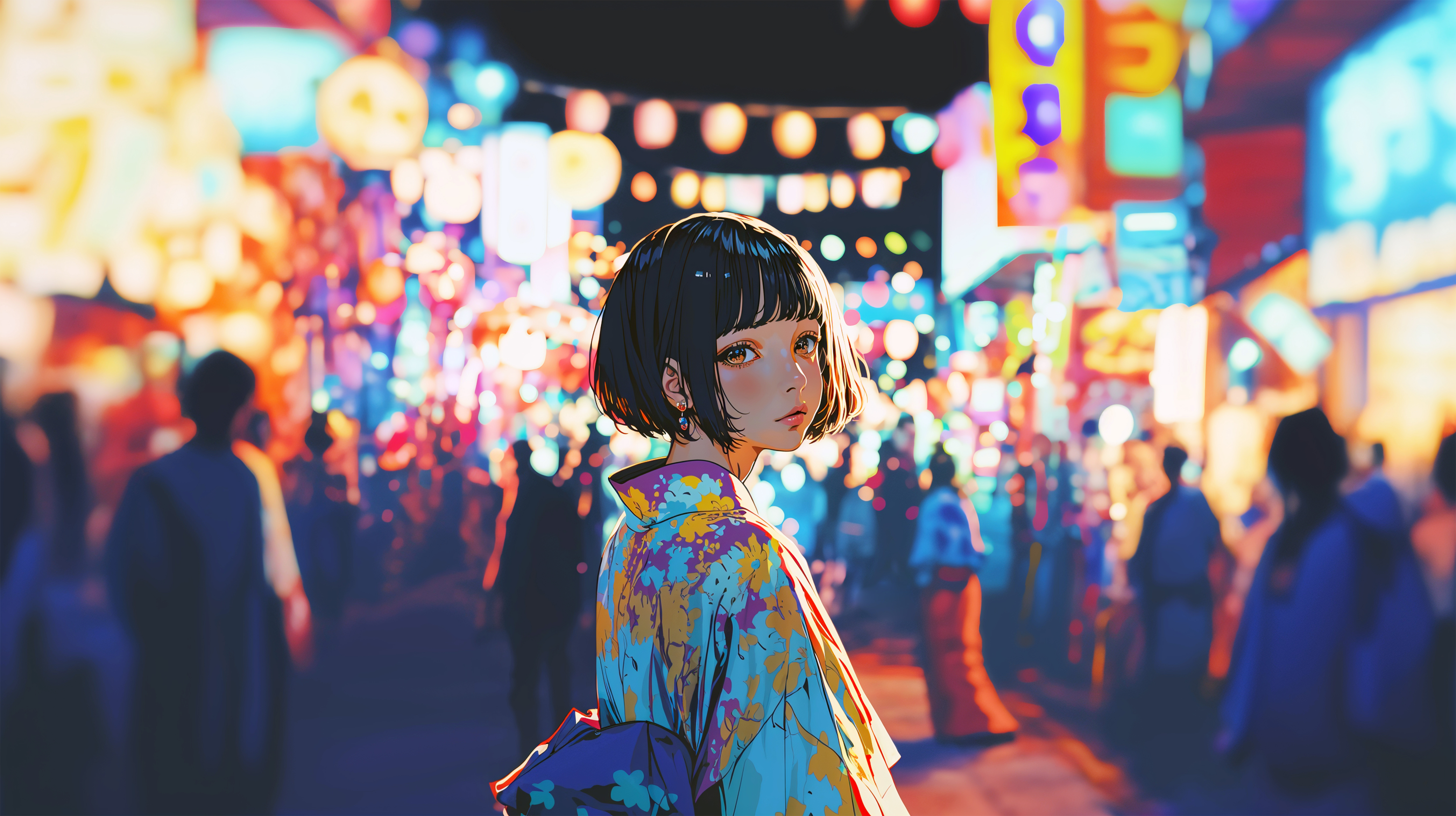 夏祭り会場で振り向く浴衣の女の子のイラスト素材 no.4