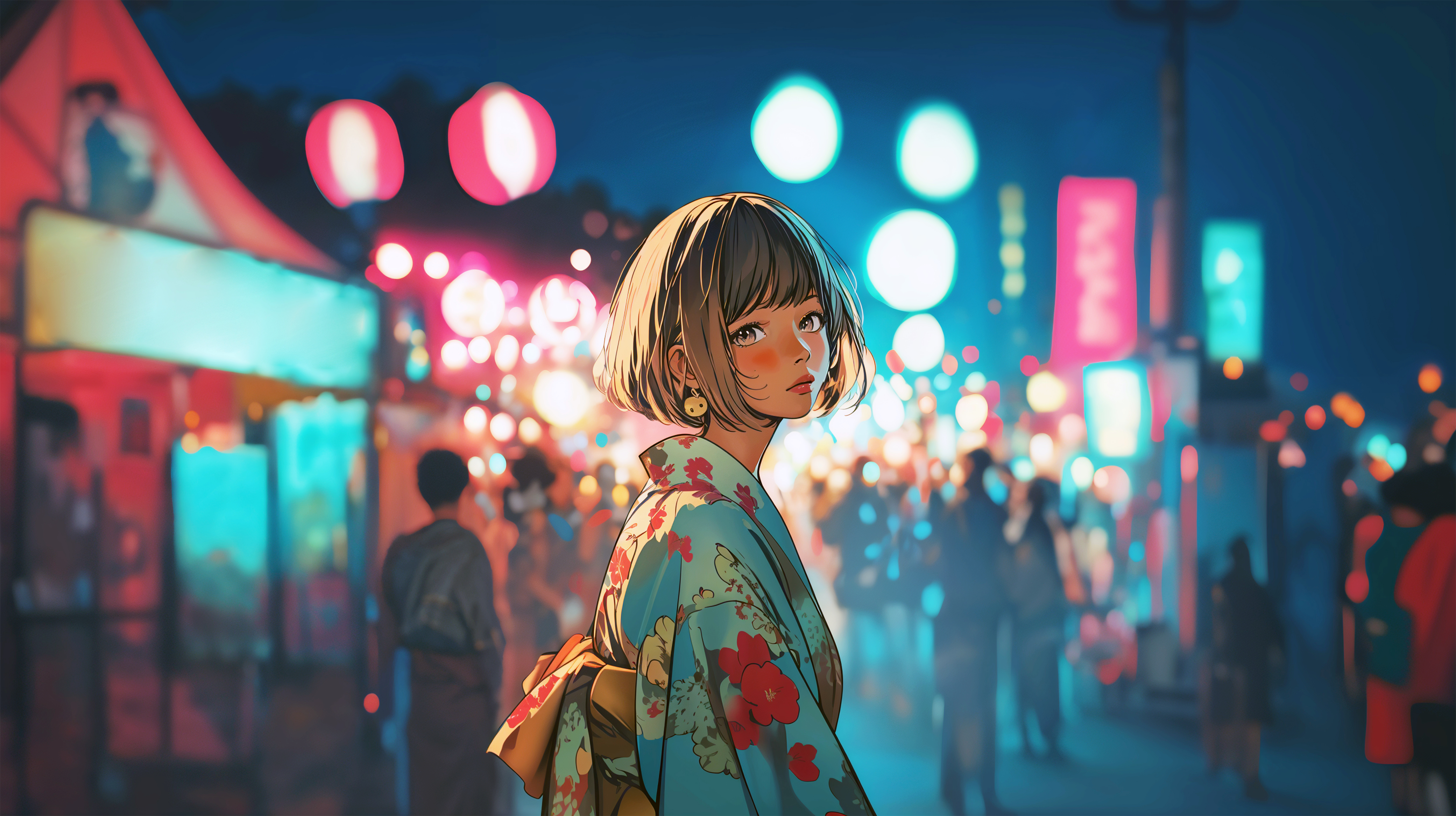 夏祭り会場で振り向く浴衣の女の子のイラスト素材 no.5
