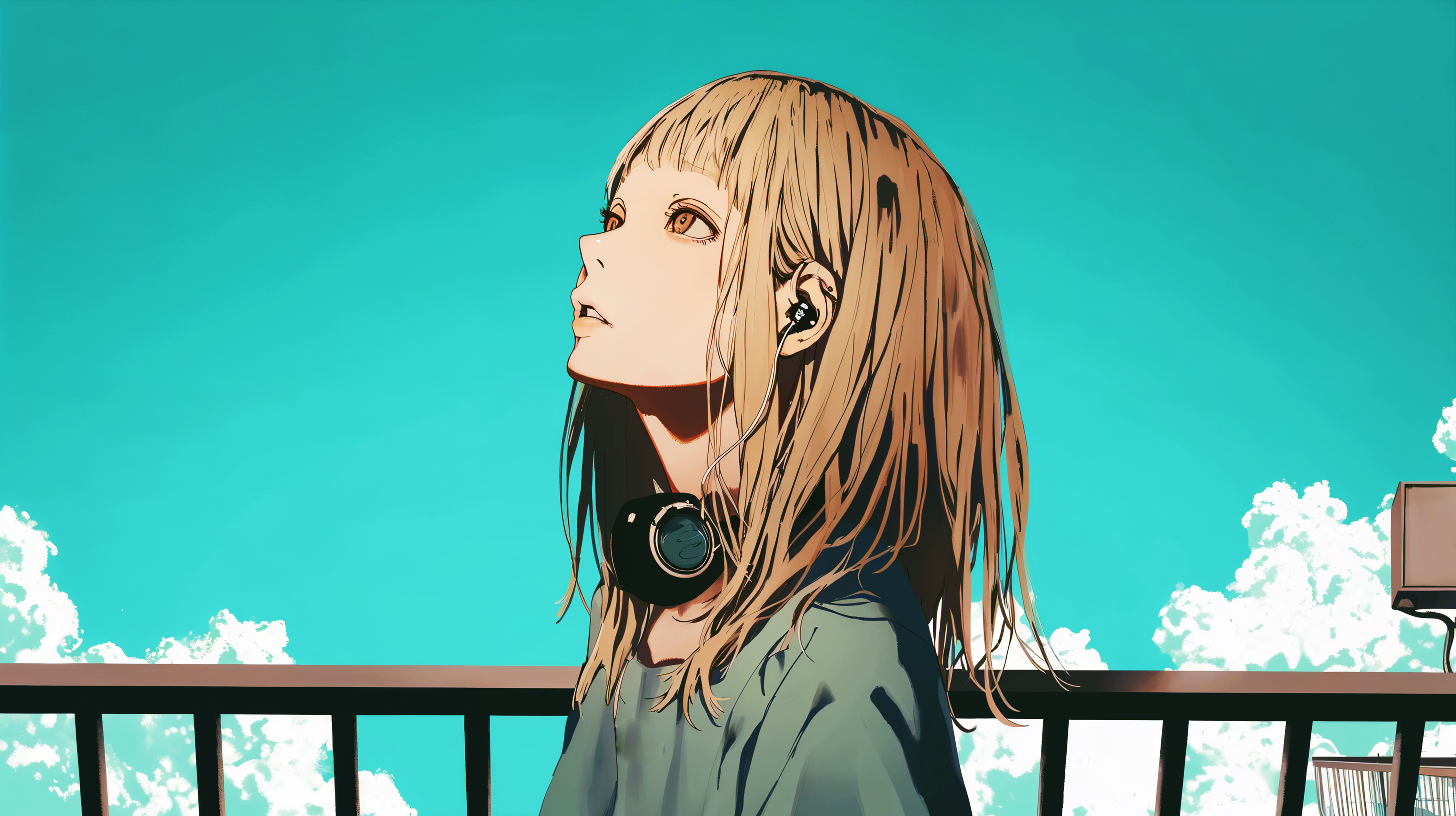 青空を見上げるヘッドホンを首にかけた若い女性の横顔イラスト no.1