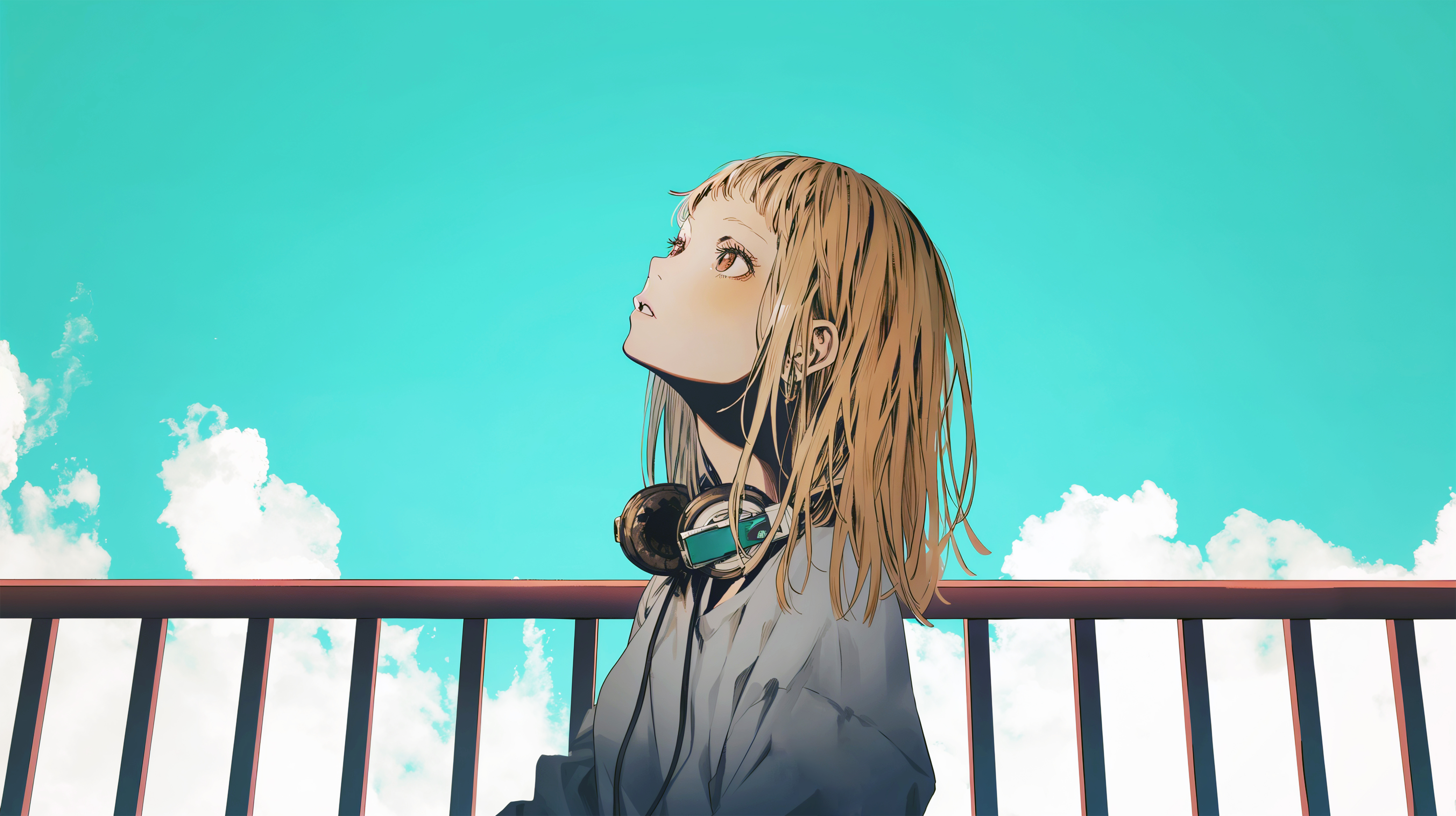 青空を見上げるヘッドホンを首にかけた若い女性の横顔イラスト no.2