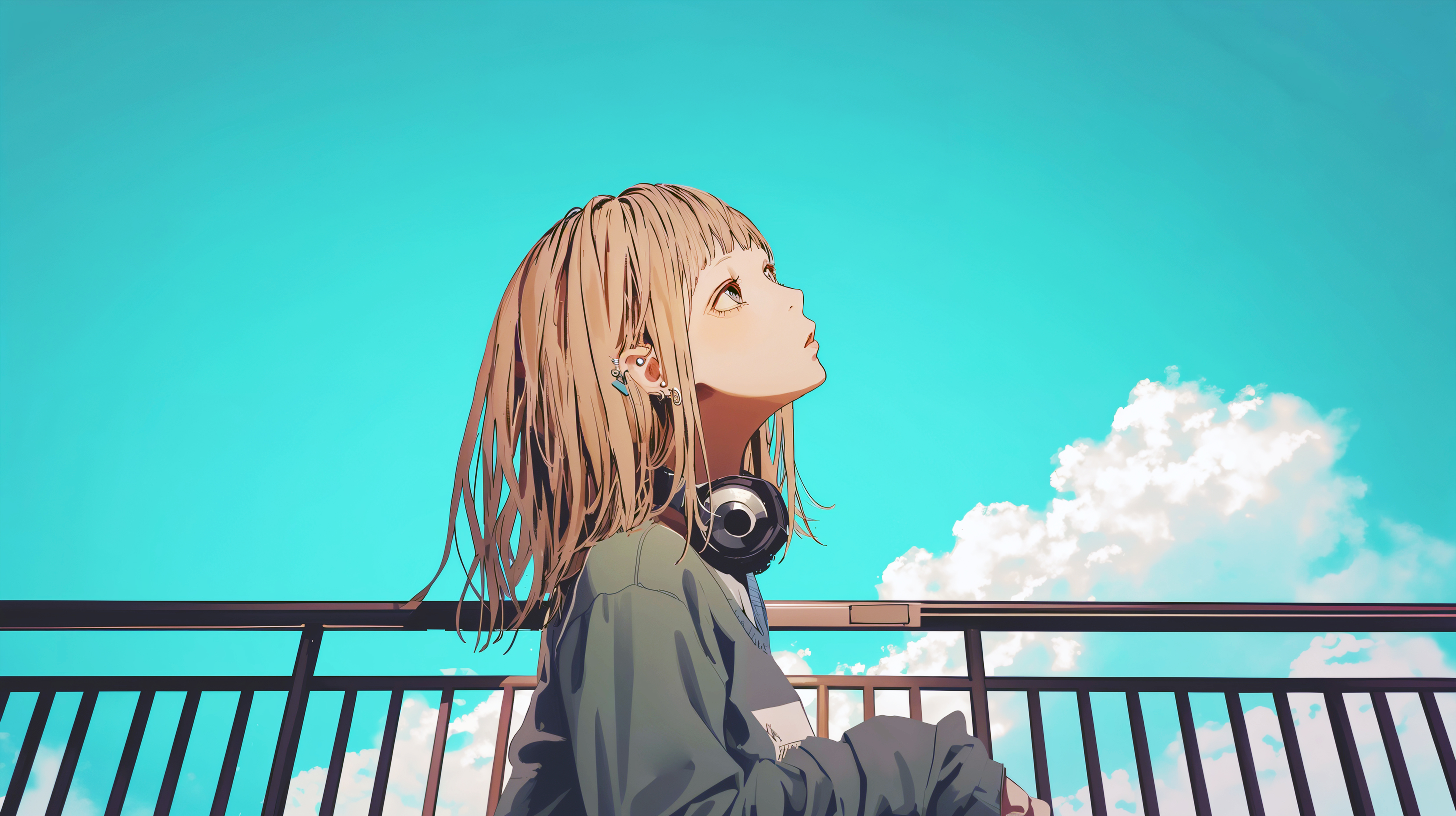 青空を見上げるヘッドホンを首にかけた若い女性の横顔イラスト no.3
