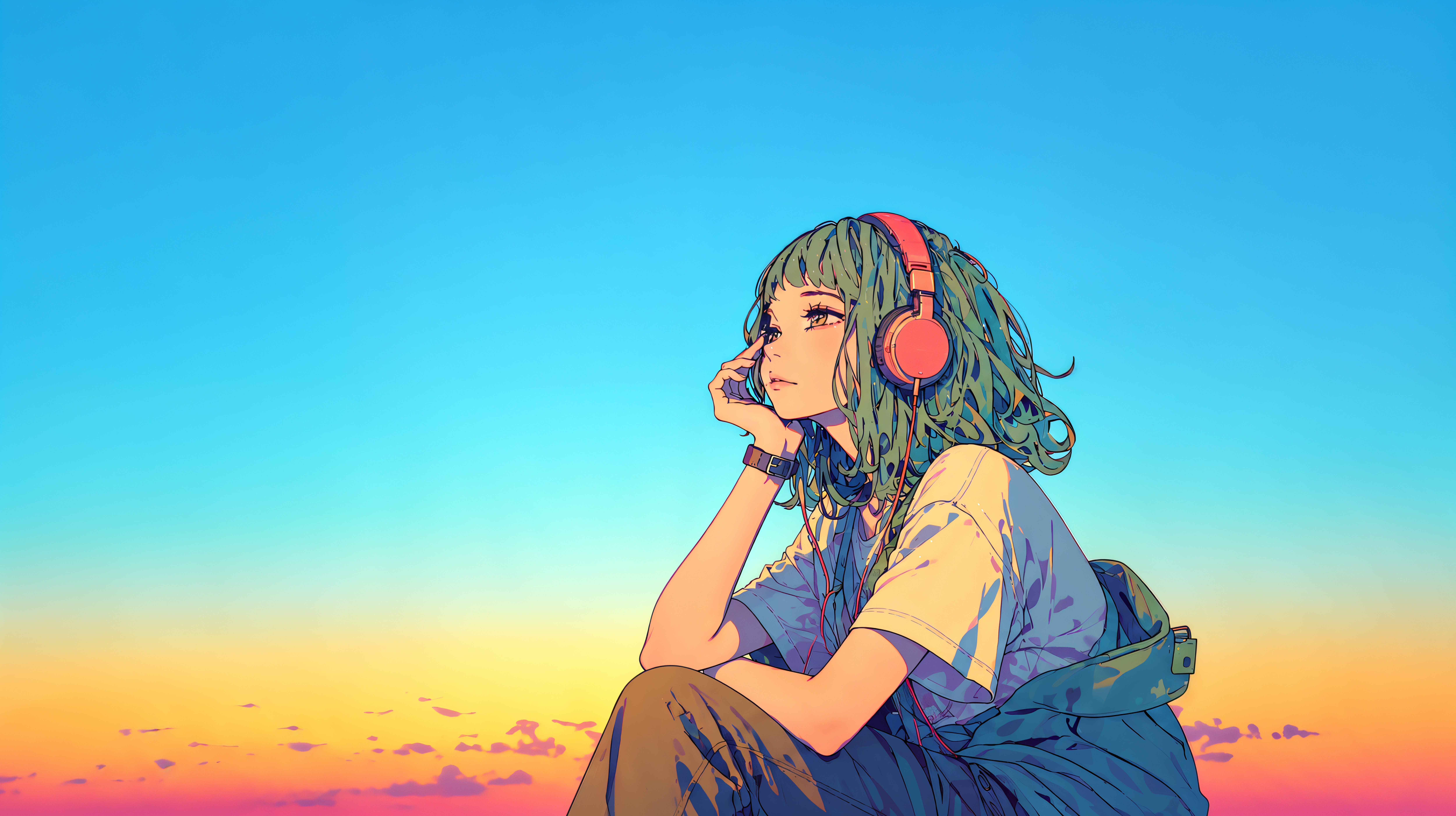 夕日を眺めながらヘッドホンで音楽を聴く若い女性のイラスト no.2