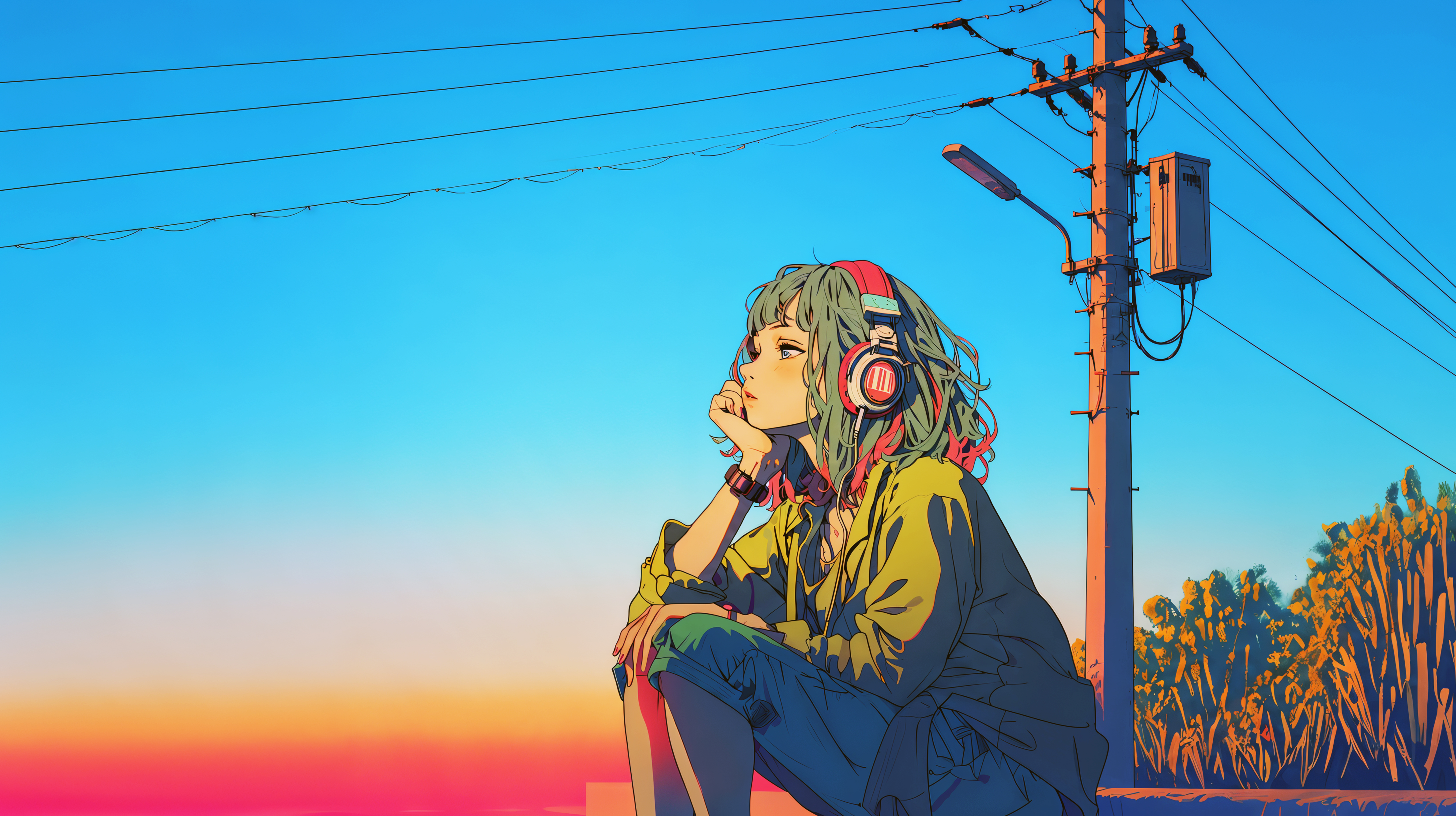 夕日を眺めながらヘッドホンで音楽を聴く若い女性のイラスト no.3
