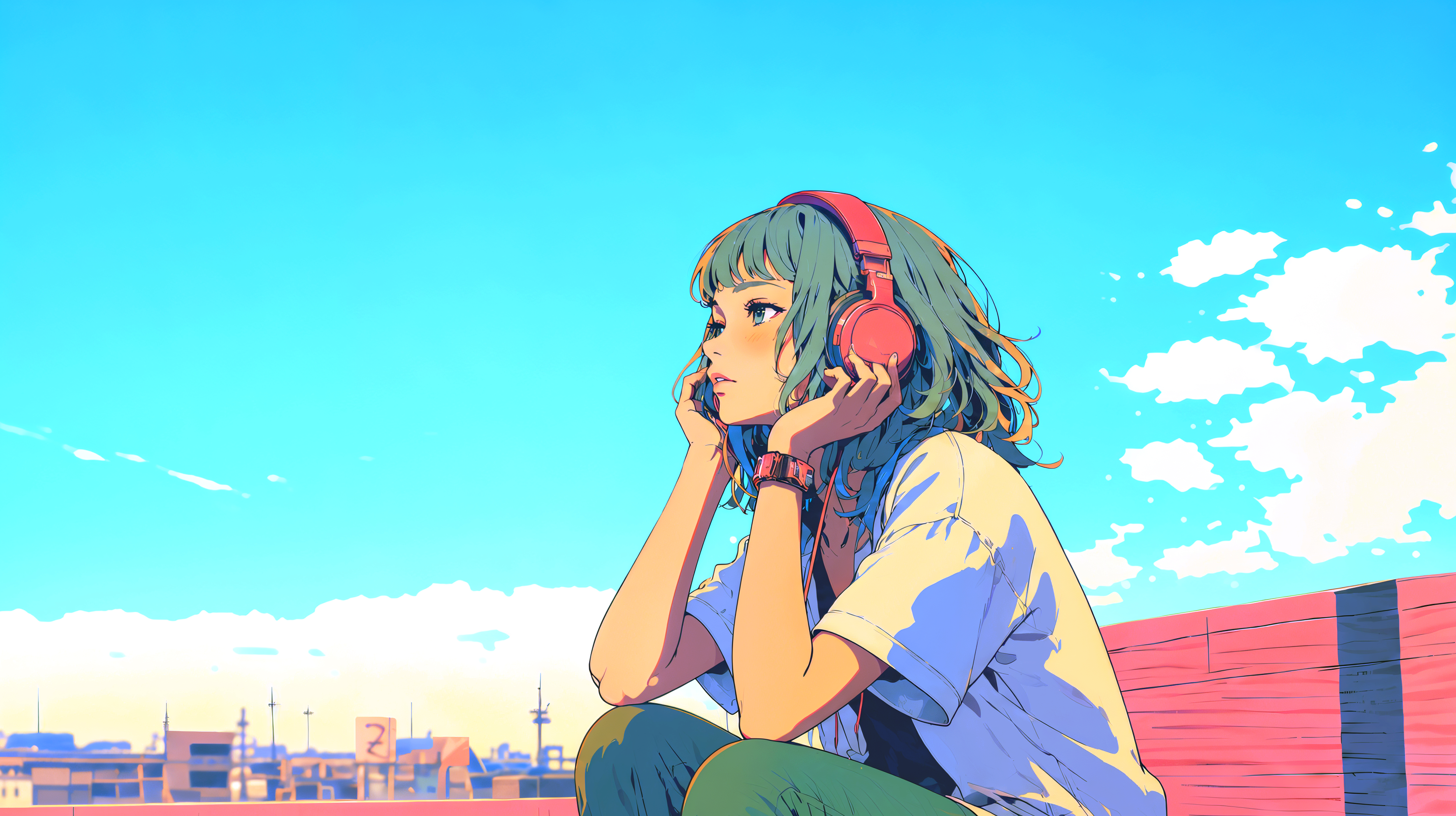夕日を眺めながらヘッドホンで音楽を聴く若い女性のイラスト no.4