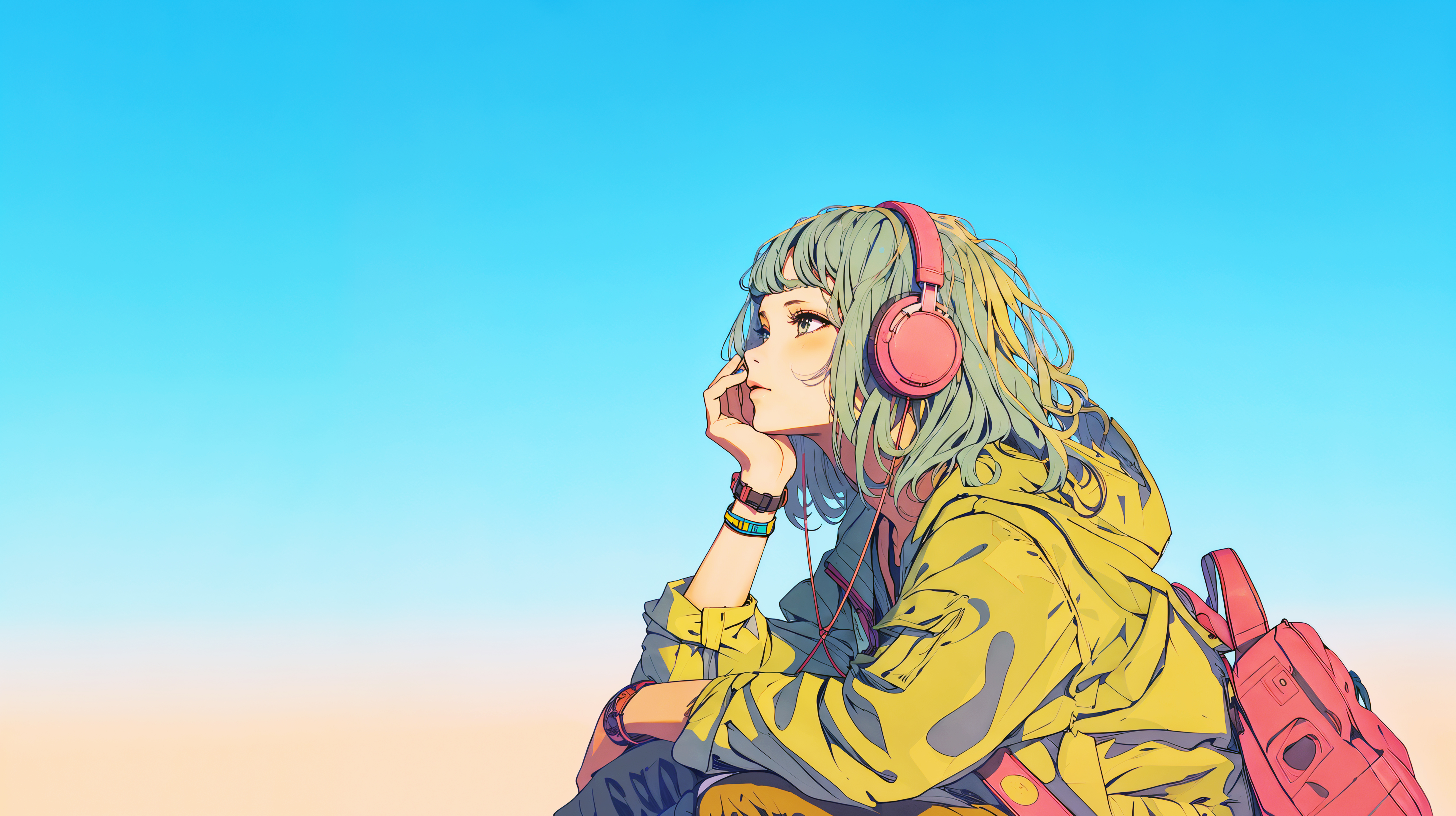 夕日を眺めながらヘッドホンで音楽を聴く若い女性のイラスト no.5
